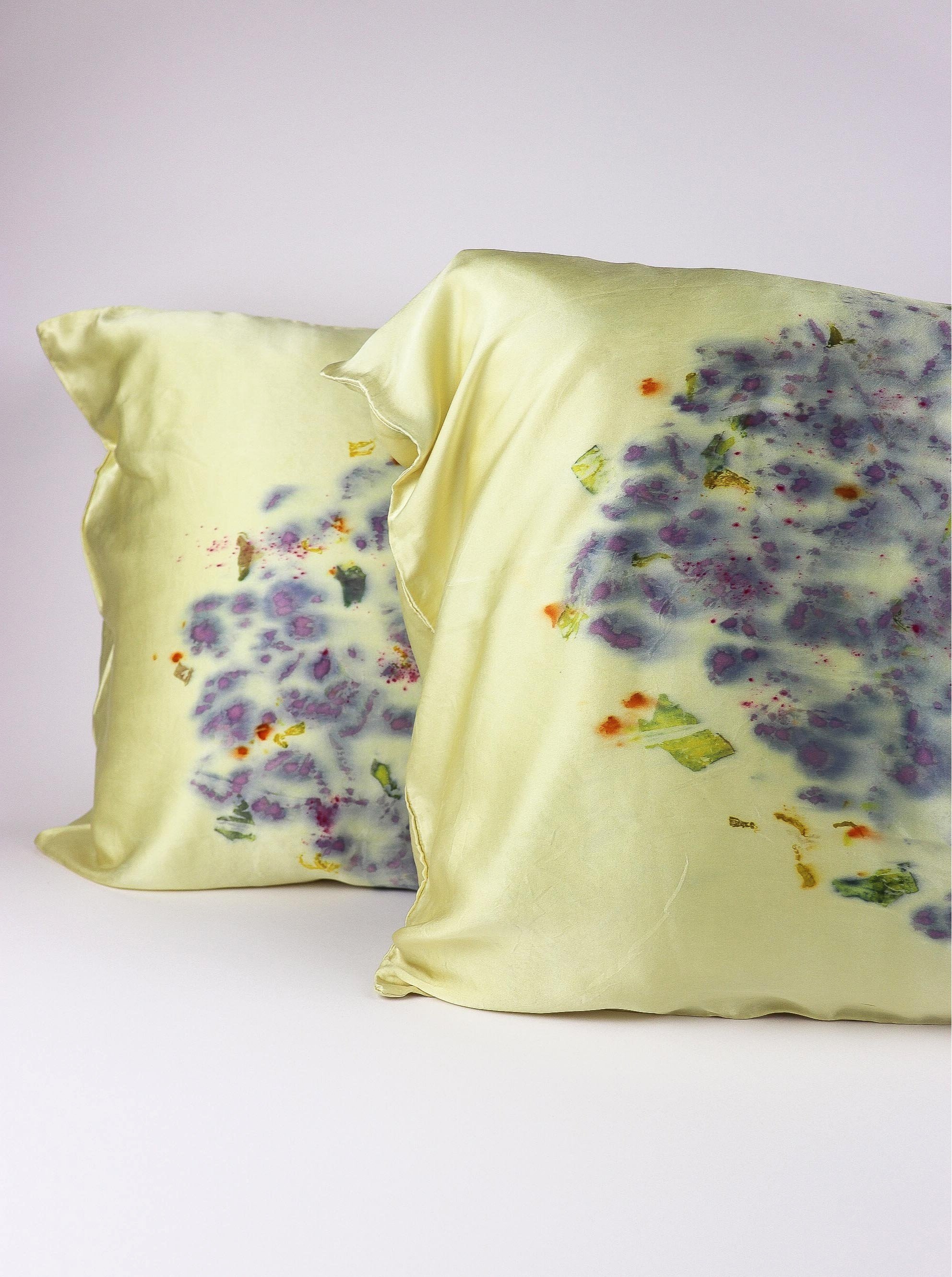 Botanically Dyed Silk Pillowcase eco printed with flowers. Plant dyes silk. AJNA California naturally dyed textiles in San Jose, California. Silk Pillowcase near me.