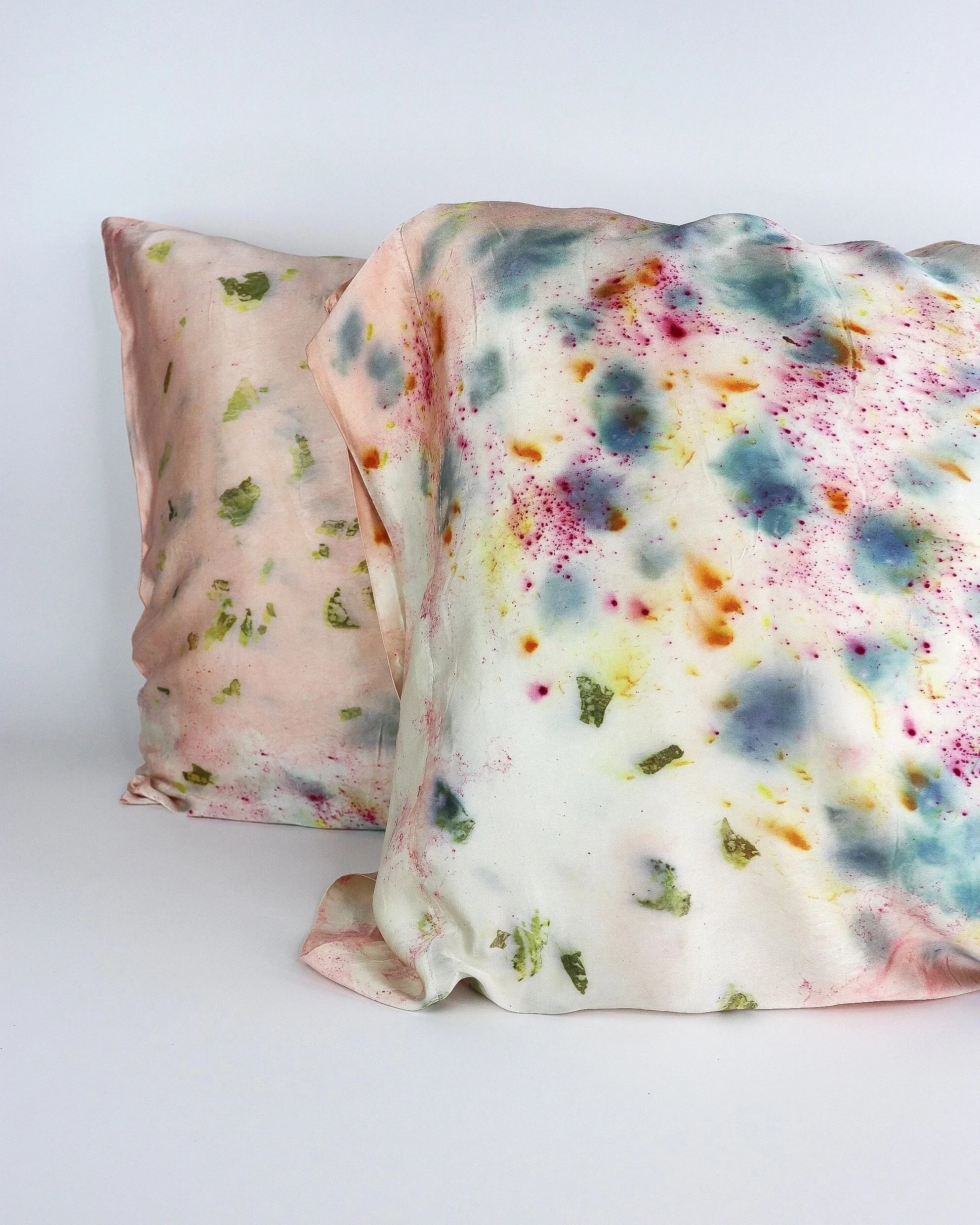Botanically Dyed Silk Pillowcase eco printed with flowers. Silk Charmeuse pillowcase set of 2.