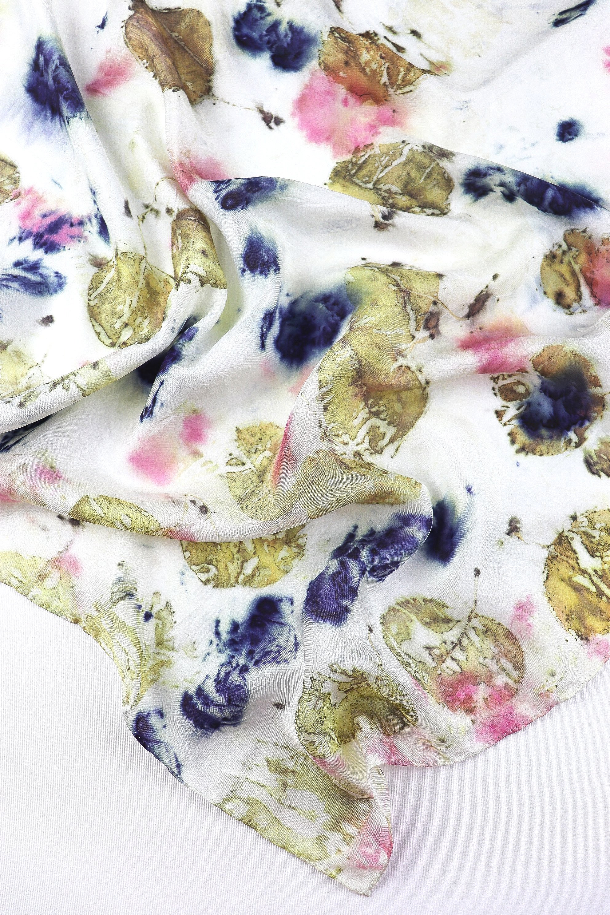 One of a kind botanically Dyed Silk Scarf and bandana. Naturally dyeing on fabric. AJNA Silk Scarf. Botanically dyed Silk bandana in San Francisco Bay Area California. Flower Dyeing.