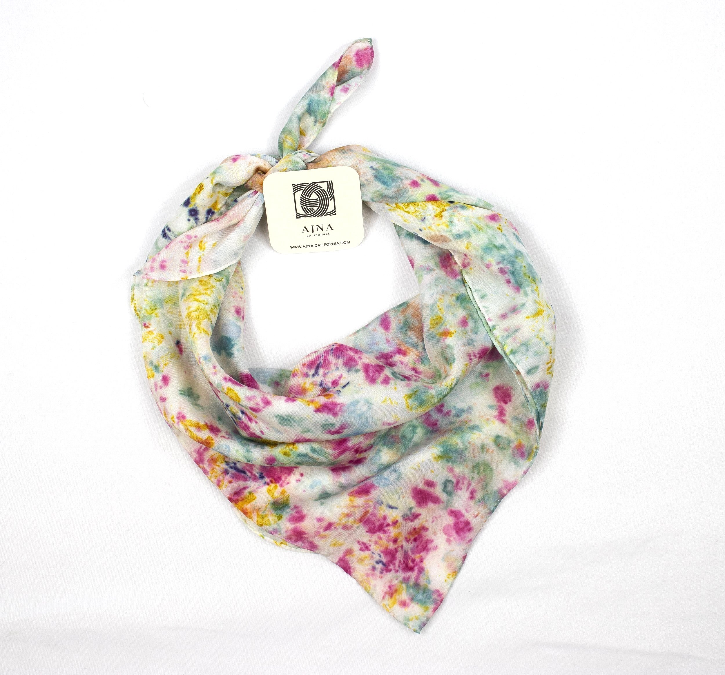 Botanically Dyed Silk Scarf bandana 22" X 22" . Naturally dyed with fresh flowers. AJNA Silk Scarf.