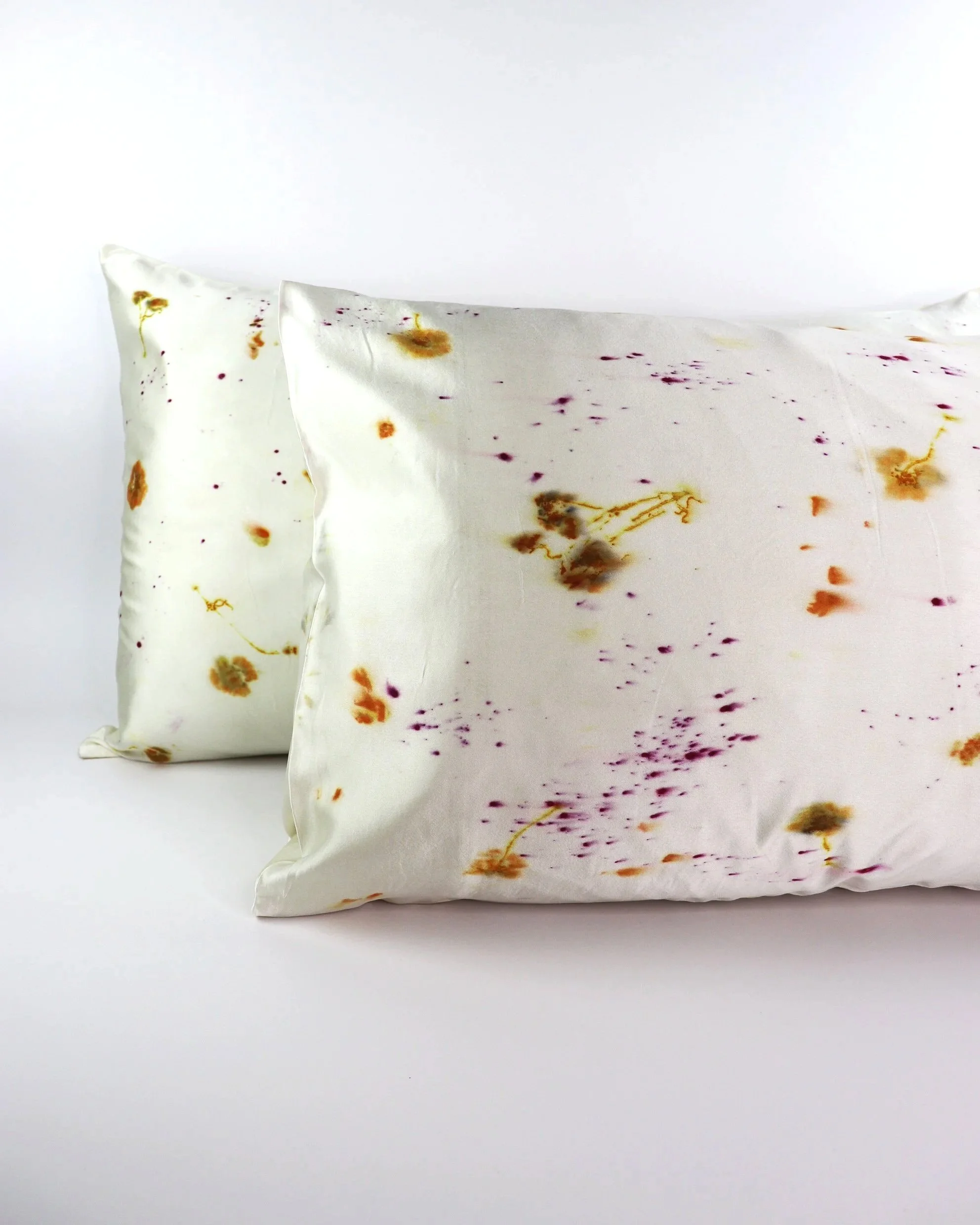 Botanically Dyed Mulberry Silk Pillowcase eco printed with flowers. Silk Charmeuse pillowcase set of 2 King size