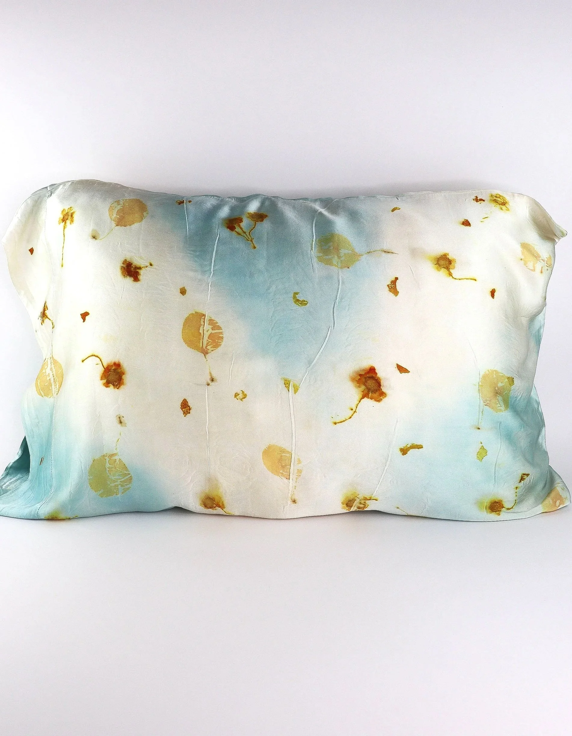 Botanically Dyed Silk Pillowcase eco printed with flowers. Mulberry silk pillowcase set of 2.