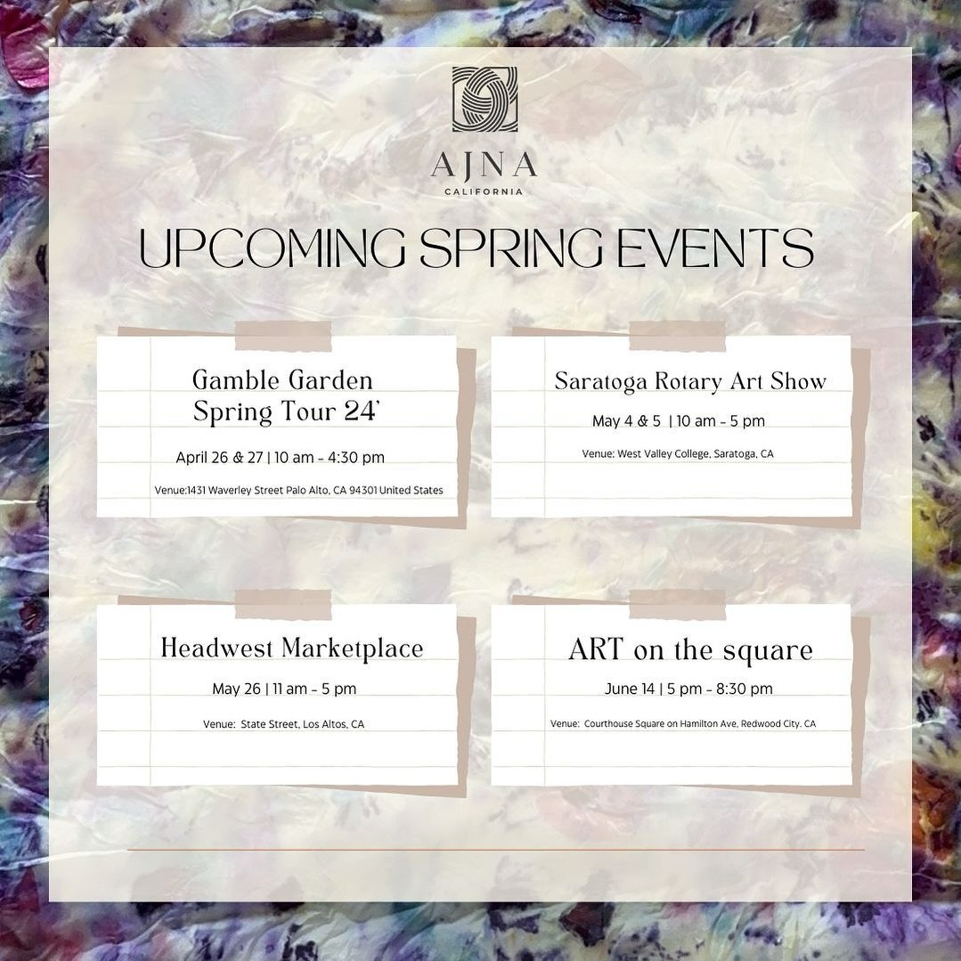 Spring 2024 market and pop-up events! ✨
Shop AJNA&rsquo;s one of a kind naturally dyed textiles and botanical art in person. Everything is designed, hand dyed and handcrafted in San jose by yours truly! 💜

Will be updating more events and workshops 
