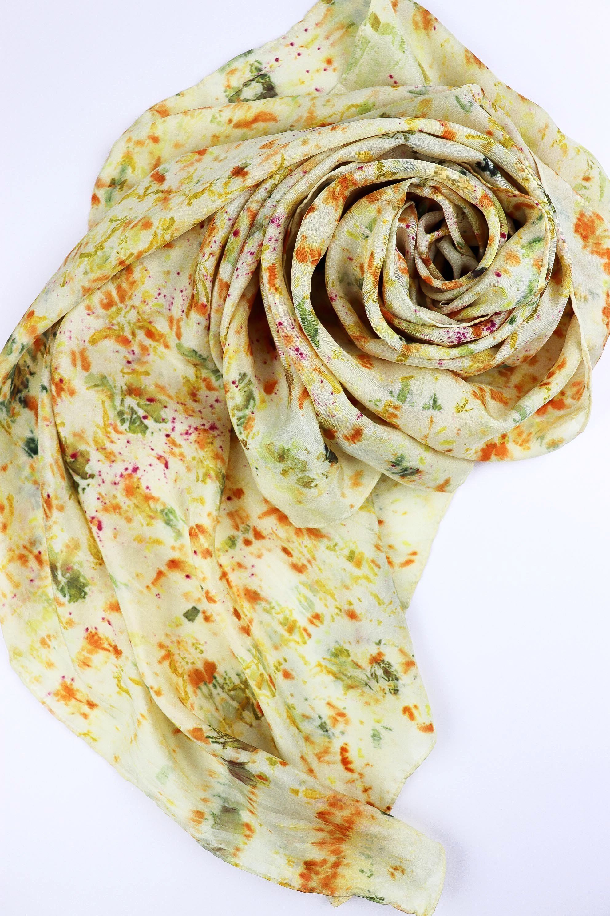 One of a kind botanically Dyed Silk Scarf. Naturally dyed scarf with fresh flowers. AJNA Silk Scarf.Botanically dyed Silk bandana in San Francisco Bay Area California. Plant dyed silk scarf near me.