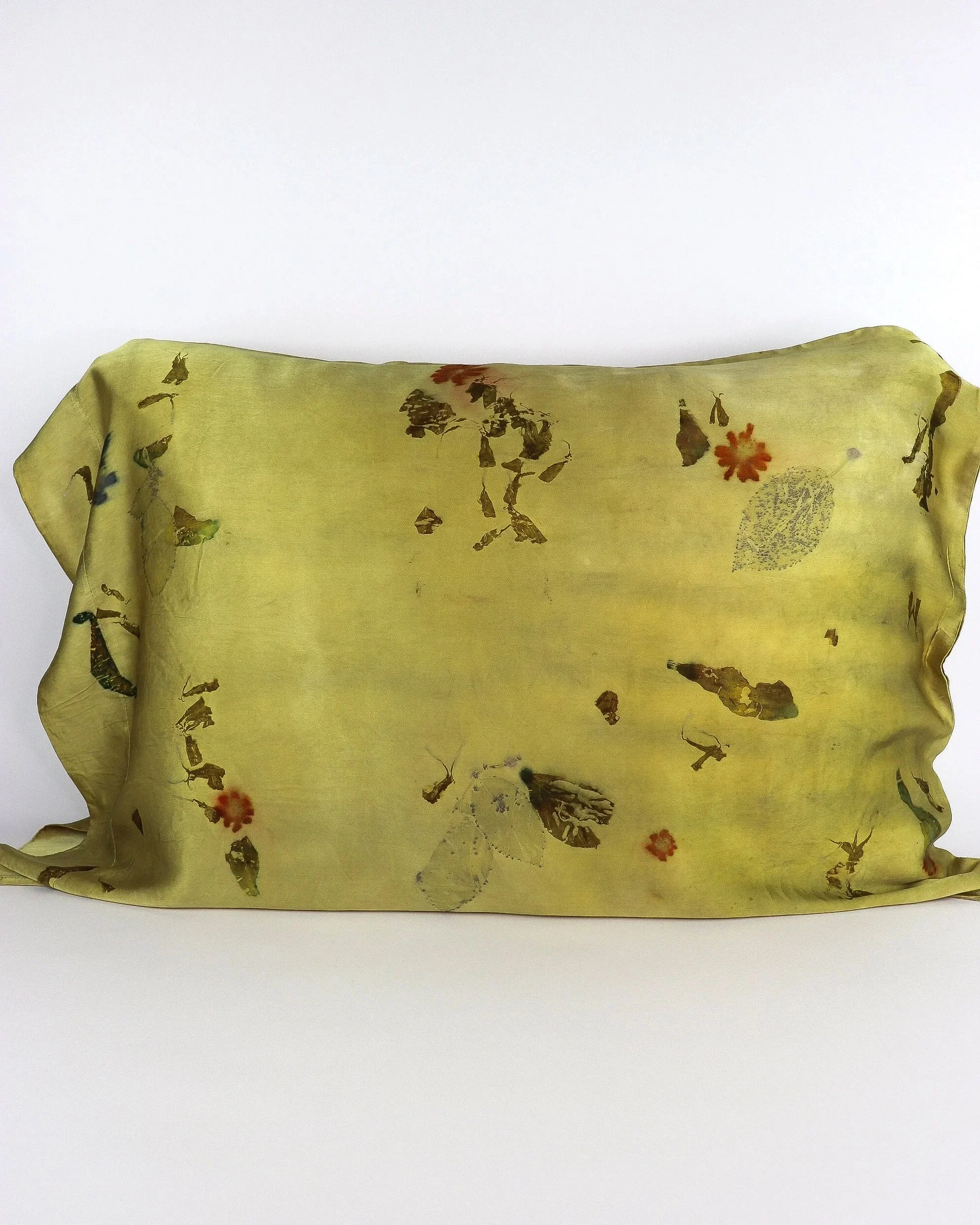 Botanically Dyed Silk Pillowcase eco printed with flowers. Silk Charmeuse pillowcase set of 2.