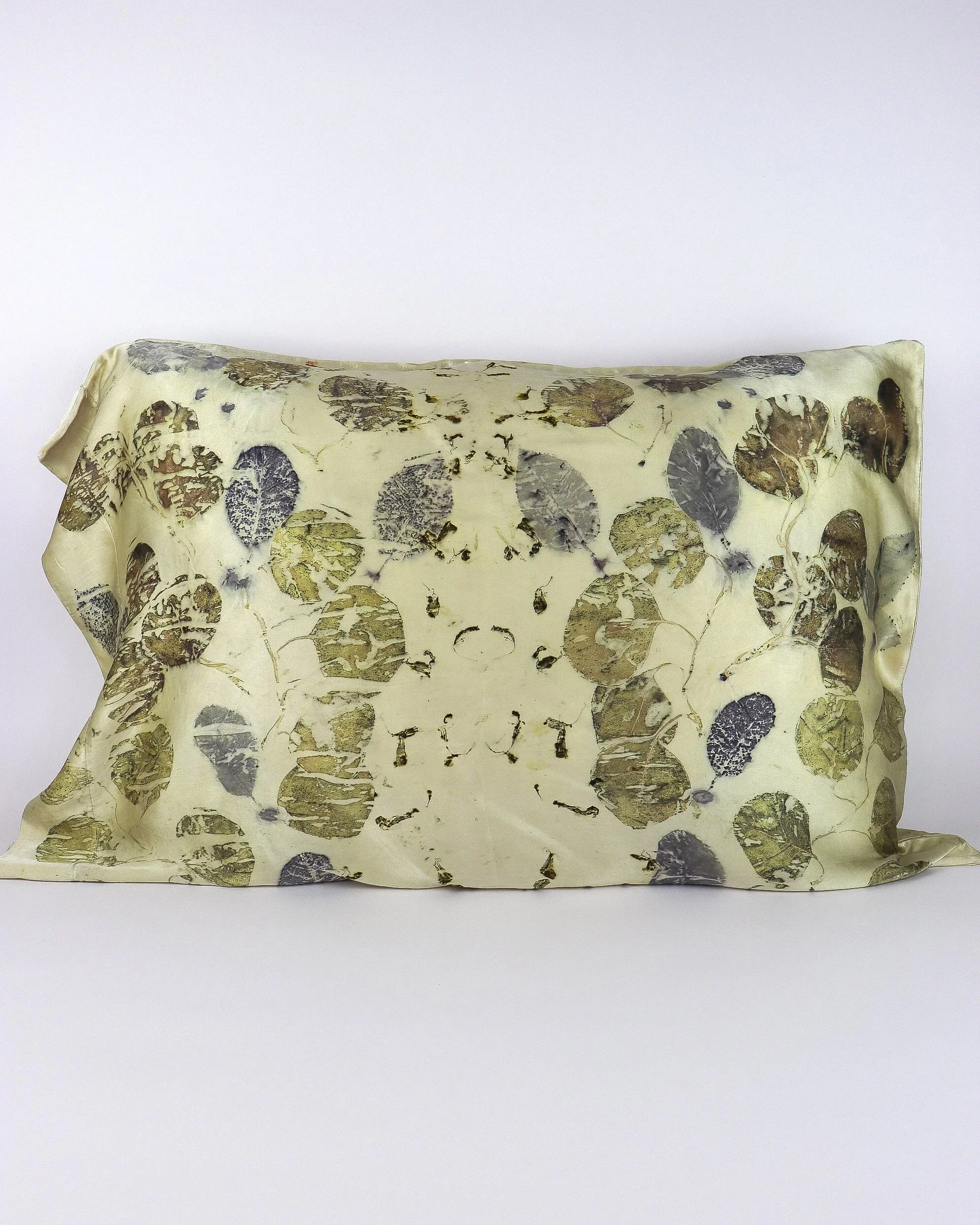 Botanically Dyed Silk Pillowcase eco printed with flowers. 100% Silk Charmeuse. One of a kind silk pillowcase. Silk Pillowcase near me. Plant dyed silk pillowcase in San Francisco Bay Area.