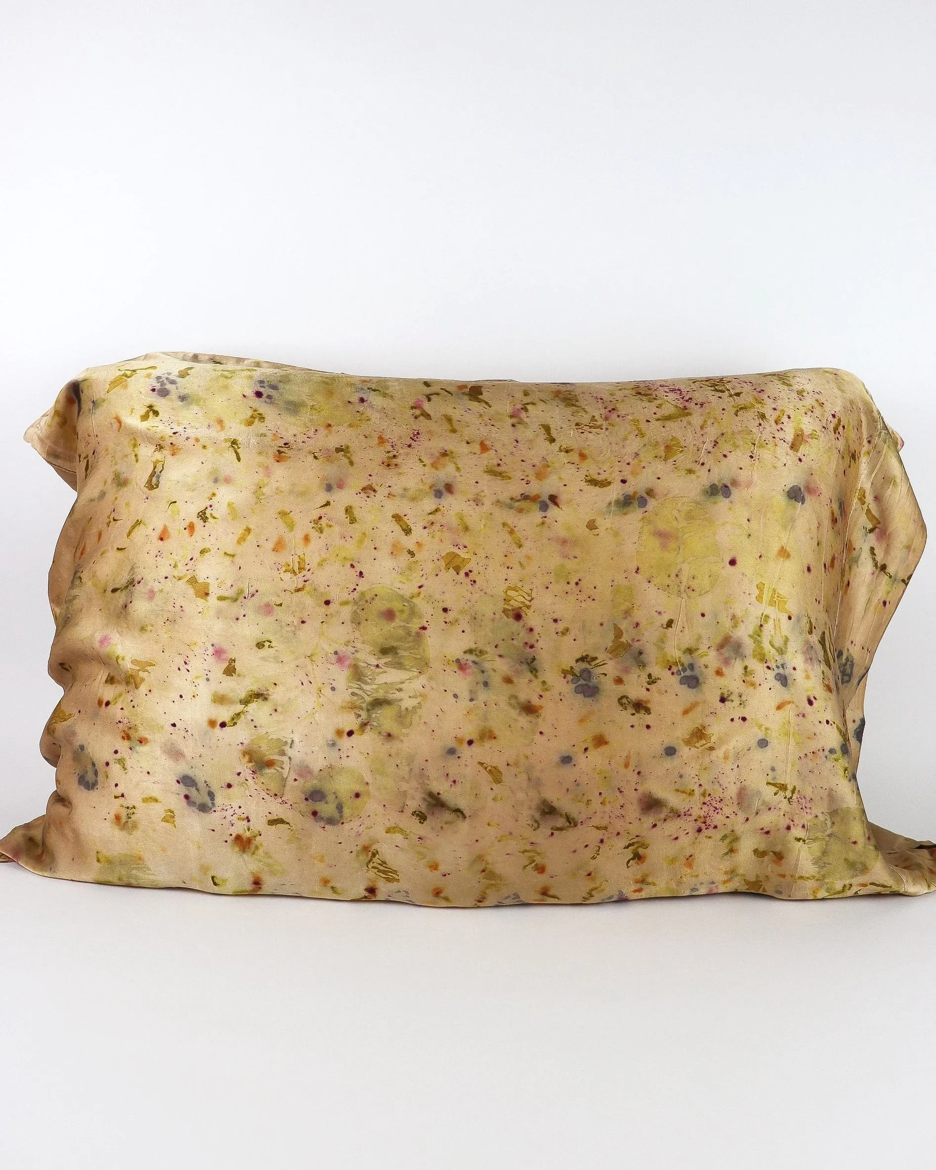 Botanically Dyed Silk Pillowcase eco printed with flowers. 100% Silk Charmeuse. One of a kind silk pillowcase. Silk Pillowcase near me. Plant dyed silk pillowcase in San Francisco Bay Area.