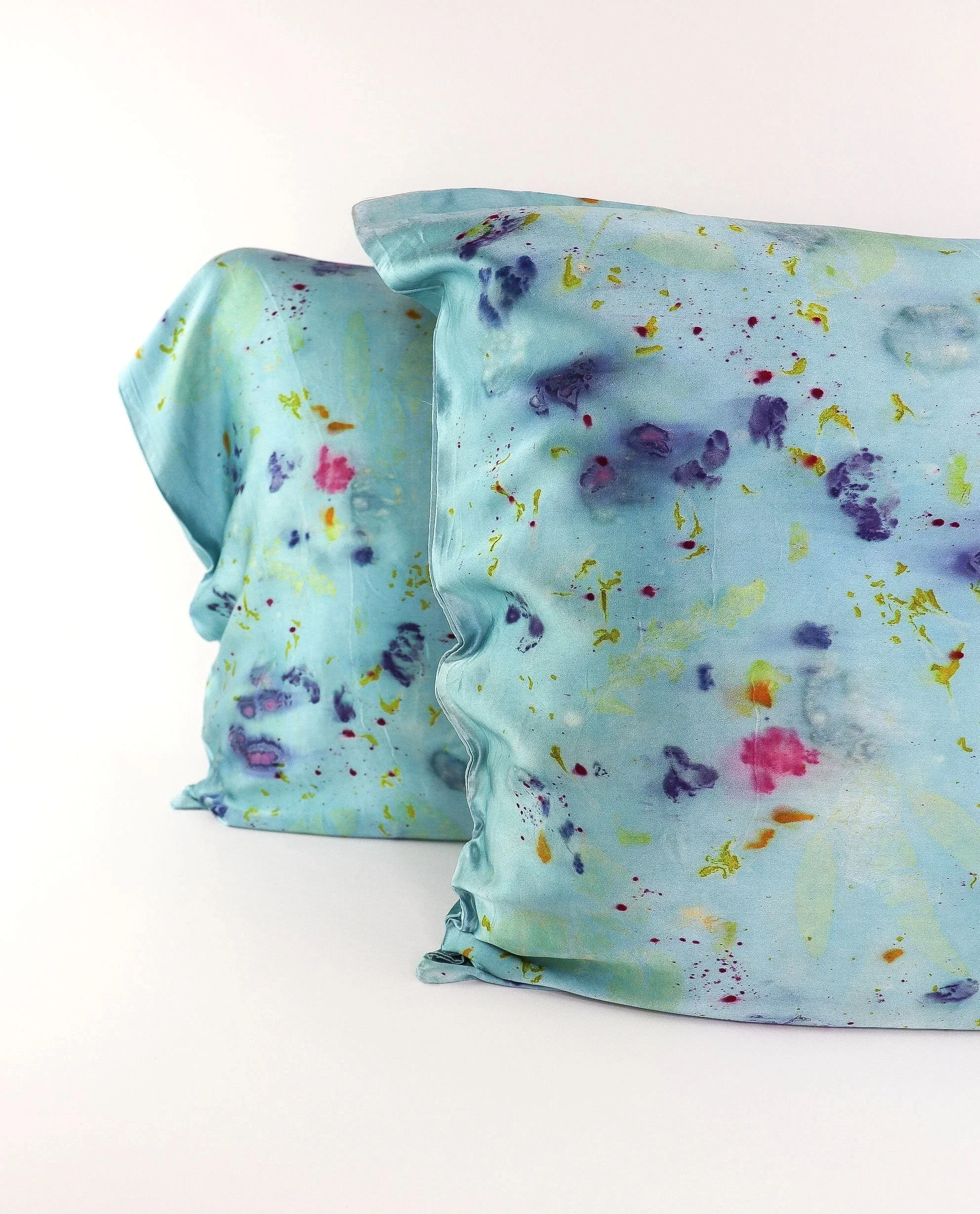 Botanically Dyed Silk Pillowcase eco printed with flowers. Mulberry silk pillowcase set of 2.