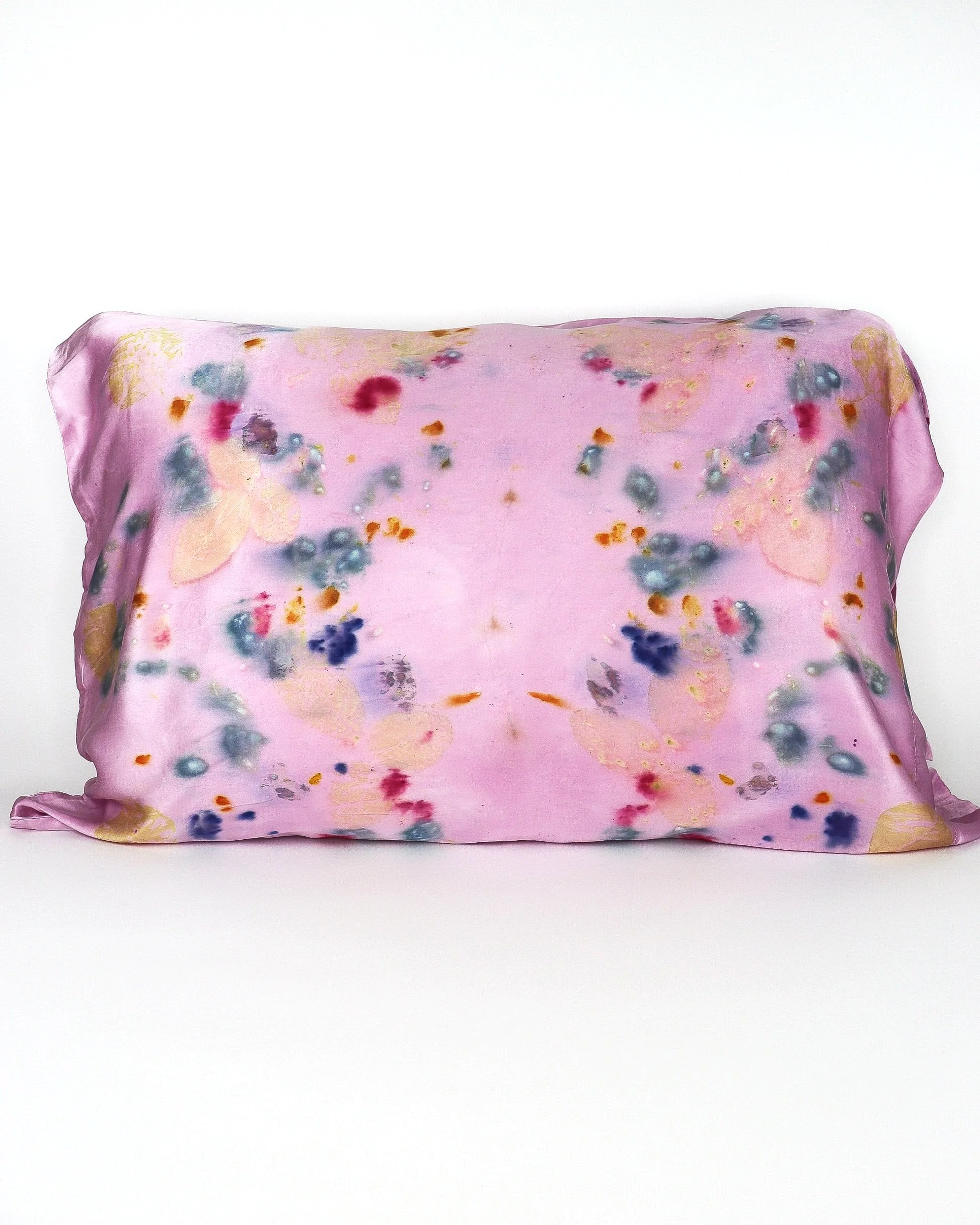 Botanically Dyed Silk Pillowcase eco printed with flowers. 100% Silk Charmeuse. One of a kind silk pillowcase. Silk Pillowcase near me. Plant dyed silk pillowcase in San Francisco Bay Area.