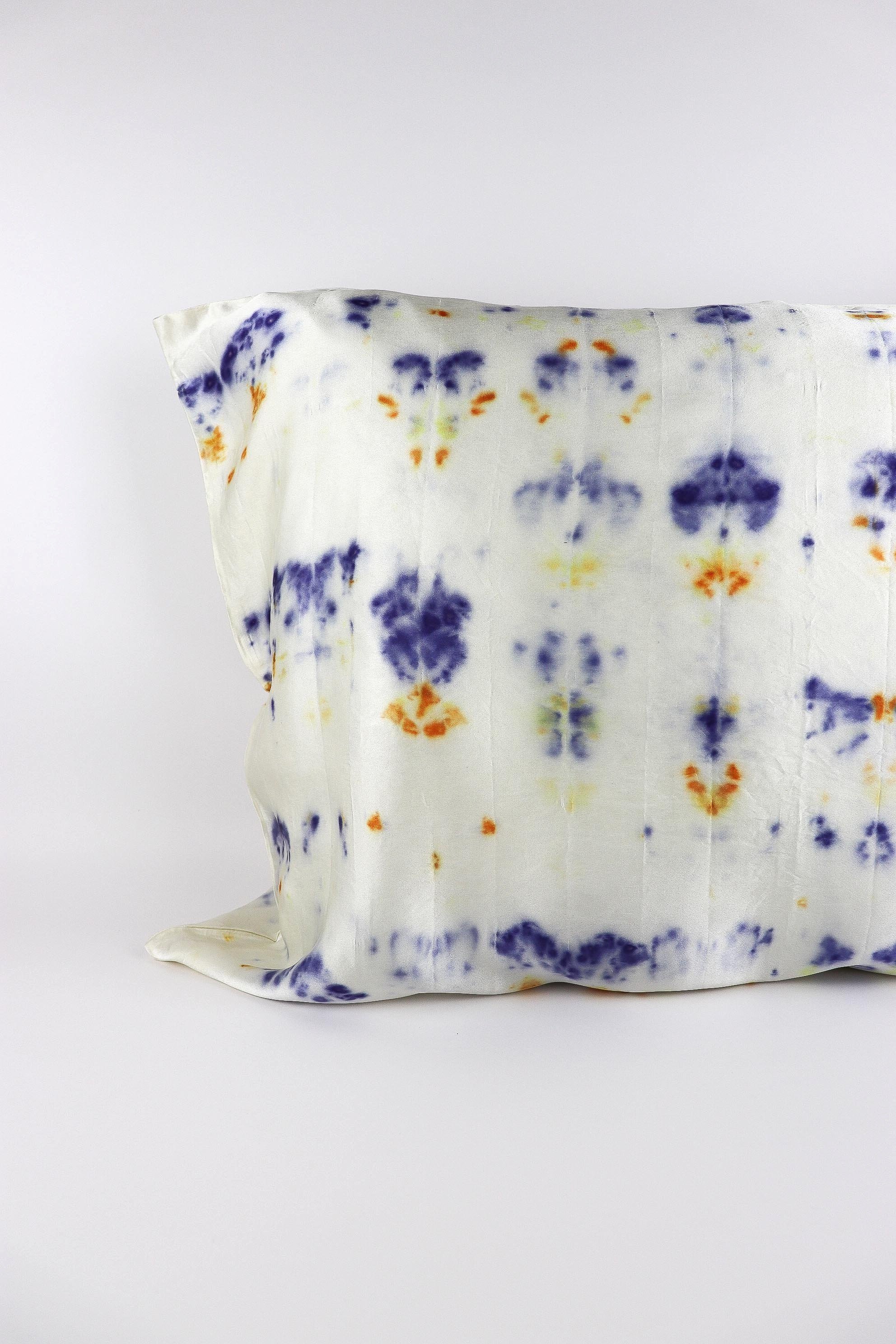 Botanically Dyed Silk Pillowcase eco printed with flowers. 100% Silk Charmeuse. One of a kind silk pillowcase. Silk Pillowcase near me. Hand dyed silk pillowcase in San Francisco Bay Area.