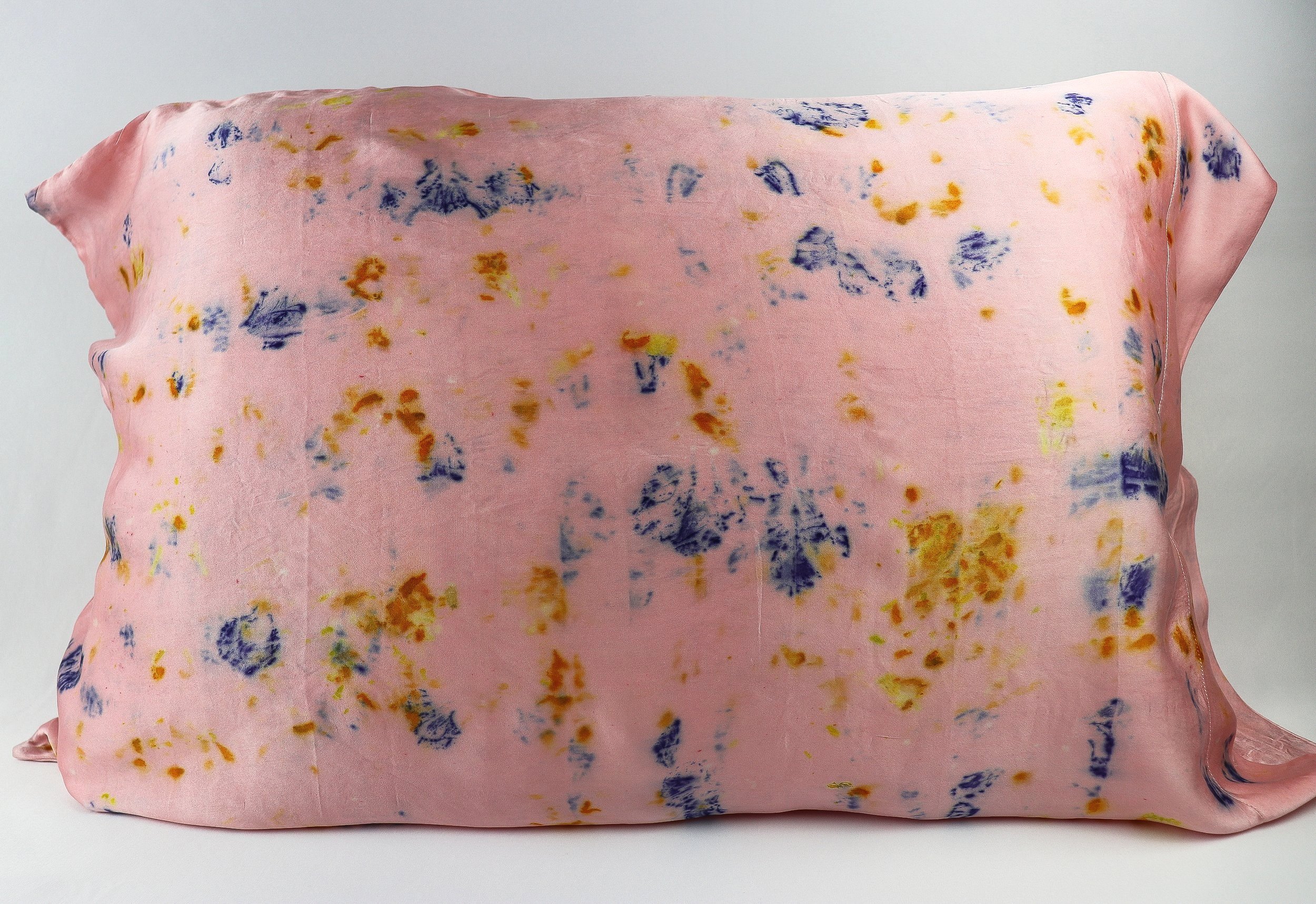 Botanically Dyed Silk Pillowcase eco printed with flowers. 100% Silk Charmeuse. One of a kind silk pillowcase. Silk Pillowcase near me. Hand dyed silk pillowcase in San Francisco Bay Area.