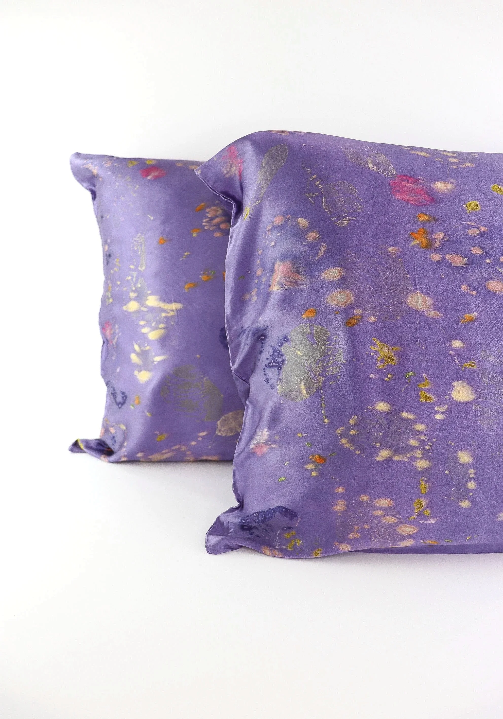 Botanically Dyed Silk Pillowcase eco printed with flowers. Mulberry silk pillowcase set of 2.