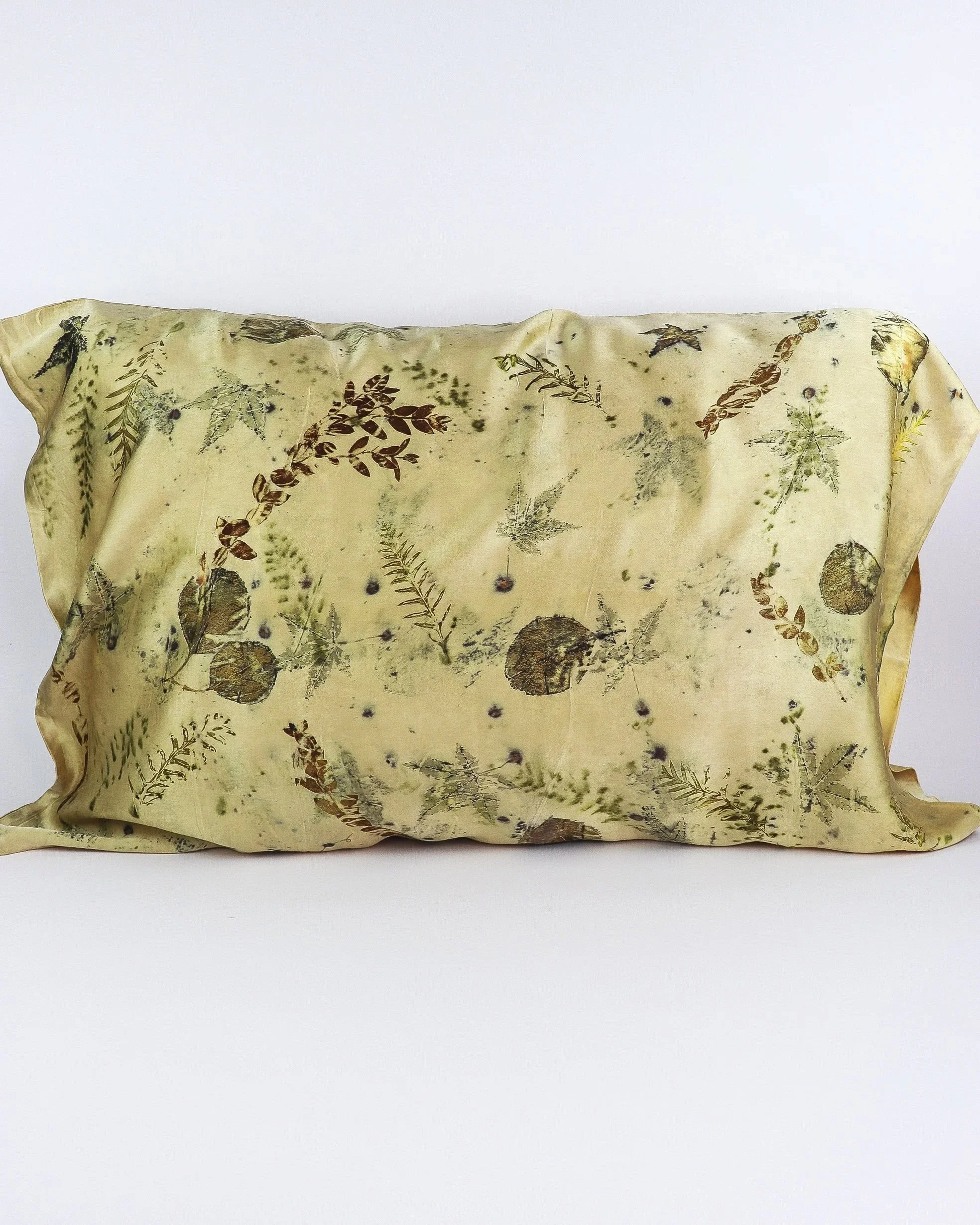 Botanically Dyed Silk Pillowcase eco printed with flowers. Mulberry silk Charmeuse pillowcase set of 2.