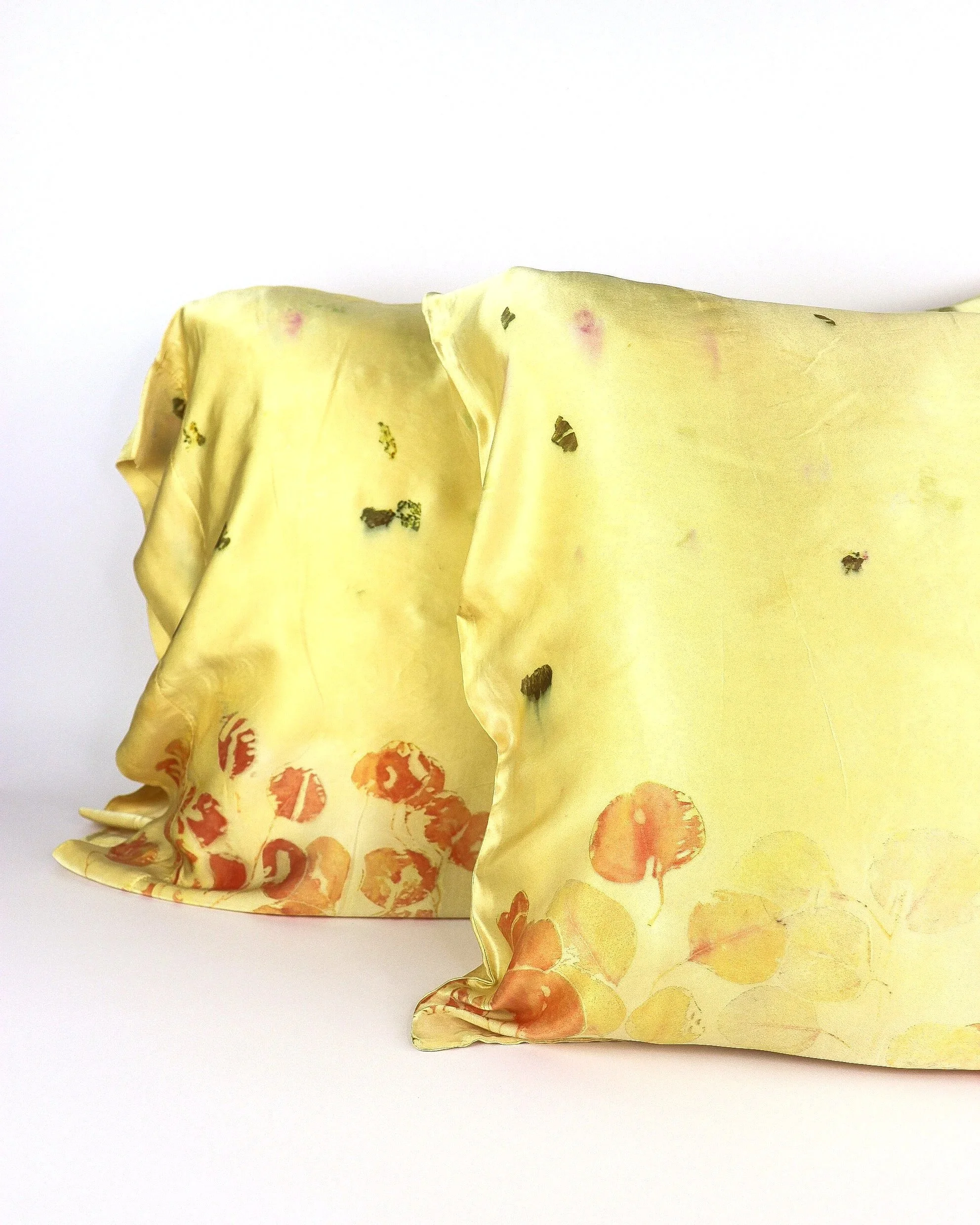 Botanically Dyed Silk Pillowcase eco printed with flowers. Silk Charmeuse pillowcase set of 2.
