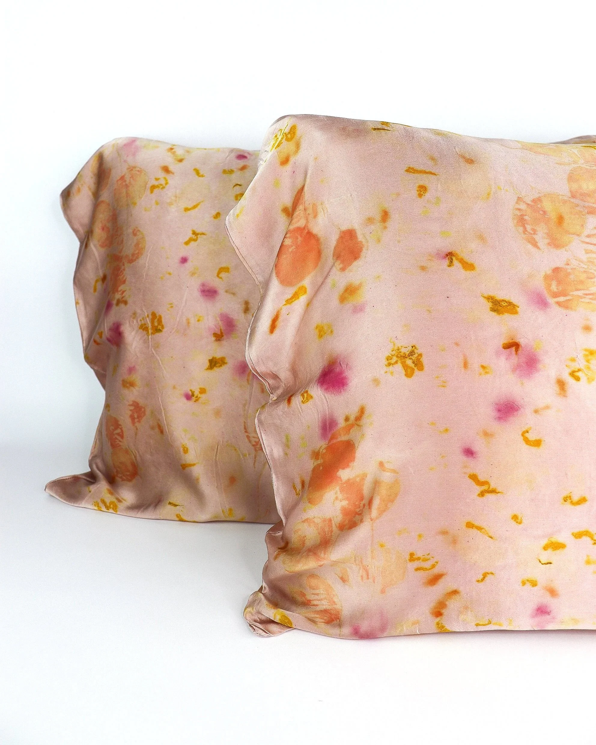 Botanically Dyed Silk Pillowcase eco printed with flowers. Silk Charmeuse pillowcase set of 2.