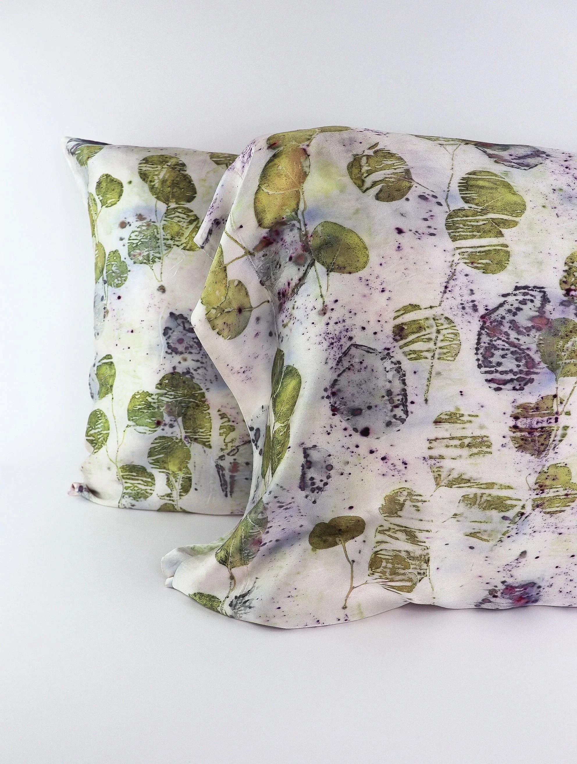 Botanically Dyed Silk Pillowcase eco printed with flowers. Mulberry silk pillowcase set of 2.