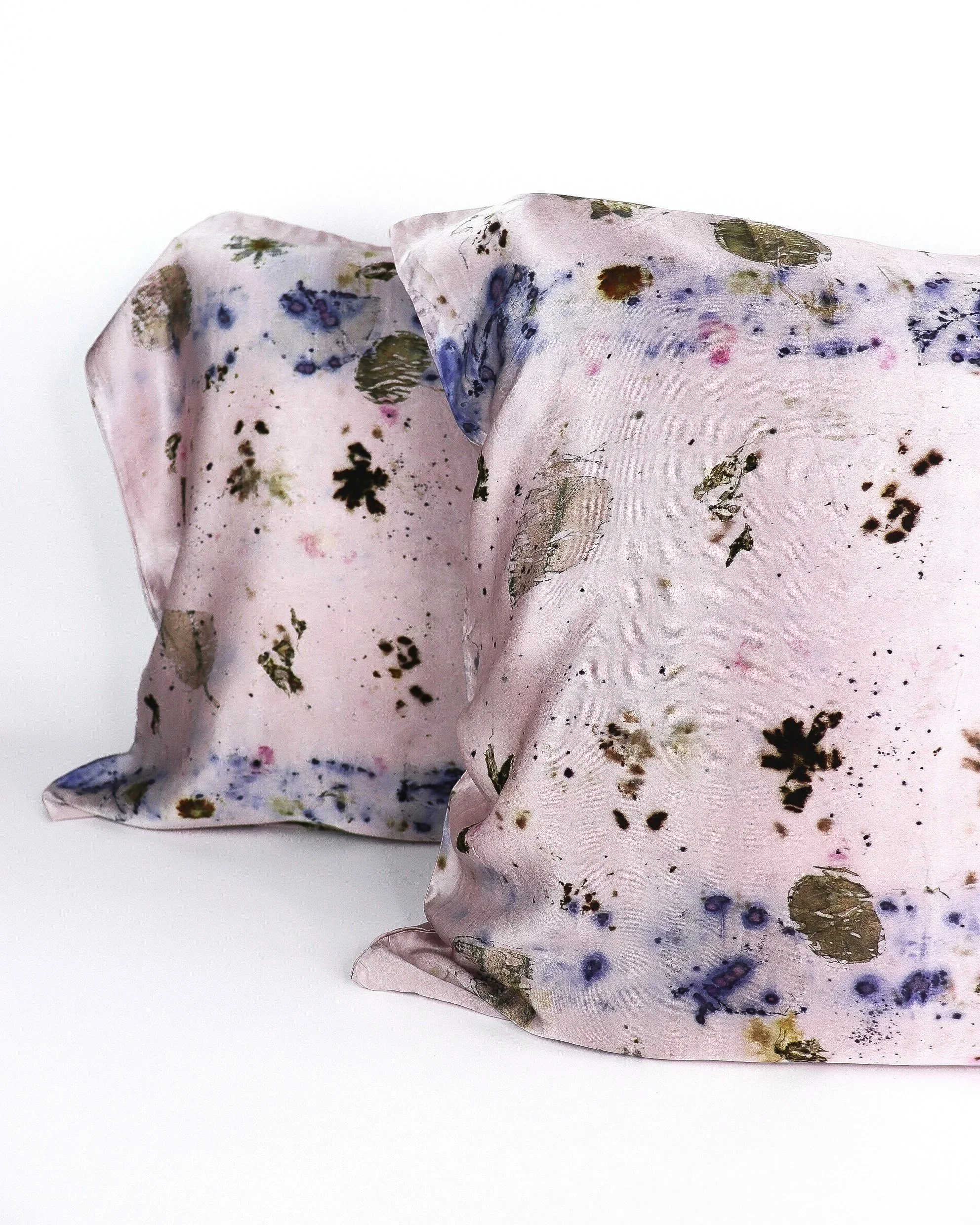 Botanically Dyed Silk Pillowcase eco printed with flowers. Silk Charmeuse pillowcase set of 2.