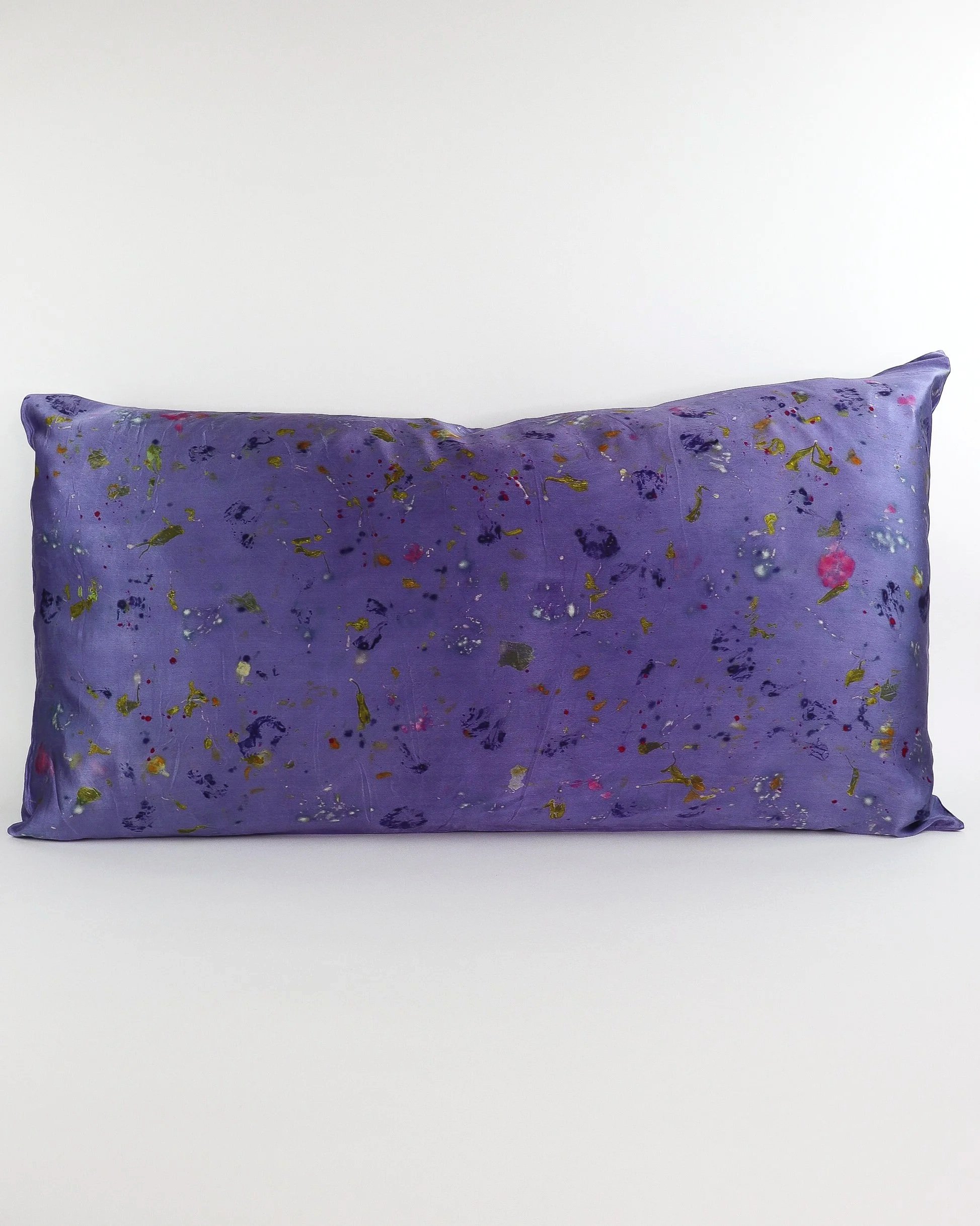 Botanically Dyed Mulberry Silk Pillowcase eco printed with flowers. Plant dyed silk. AJNA California botanically dyed textiles in San Jose, California. King size silk pillowcase.