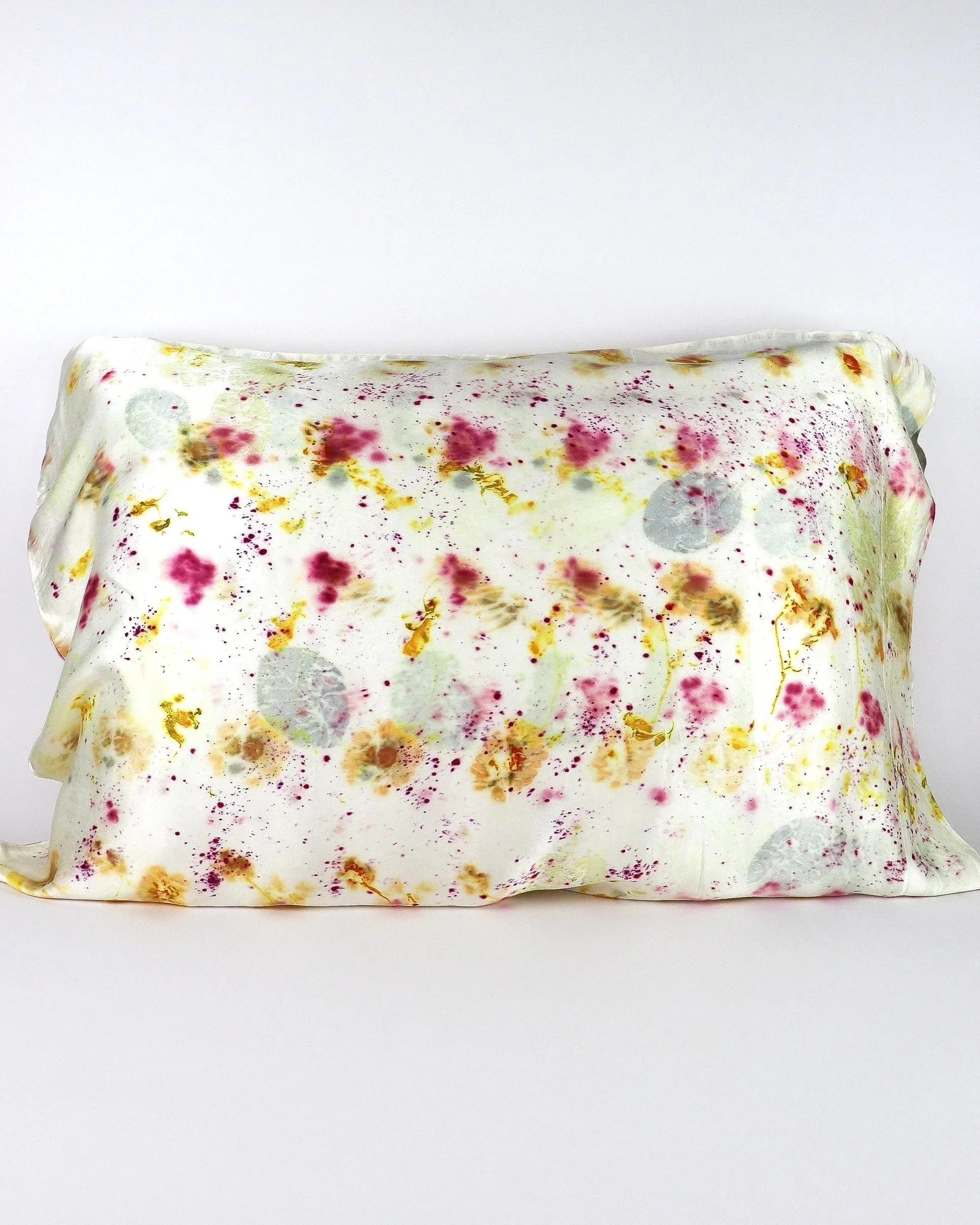 Botanically Dyed Silk Pillowcase eco printed with flowers. Plant dyed silk. AJNA California naturally dyed textiles in San Jose, California. Silk Pillowcase near me.