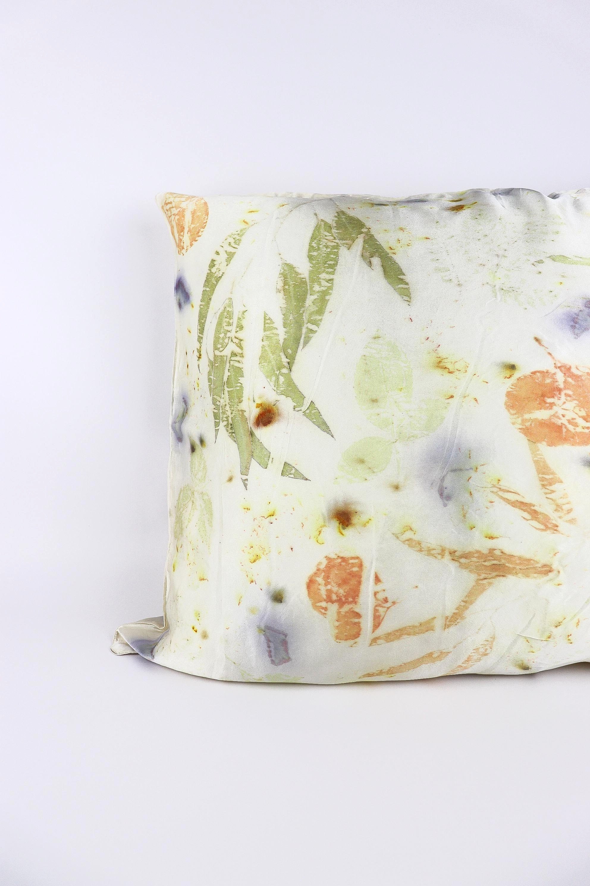 Eco printed silk pillowcase with eucalyptus prints. Soft and luxurious silk pillowcase set. Botanical Silk pillowcase near me.