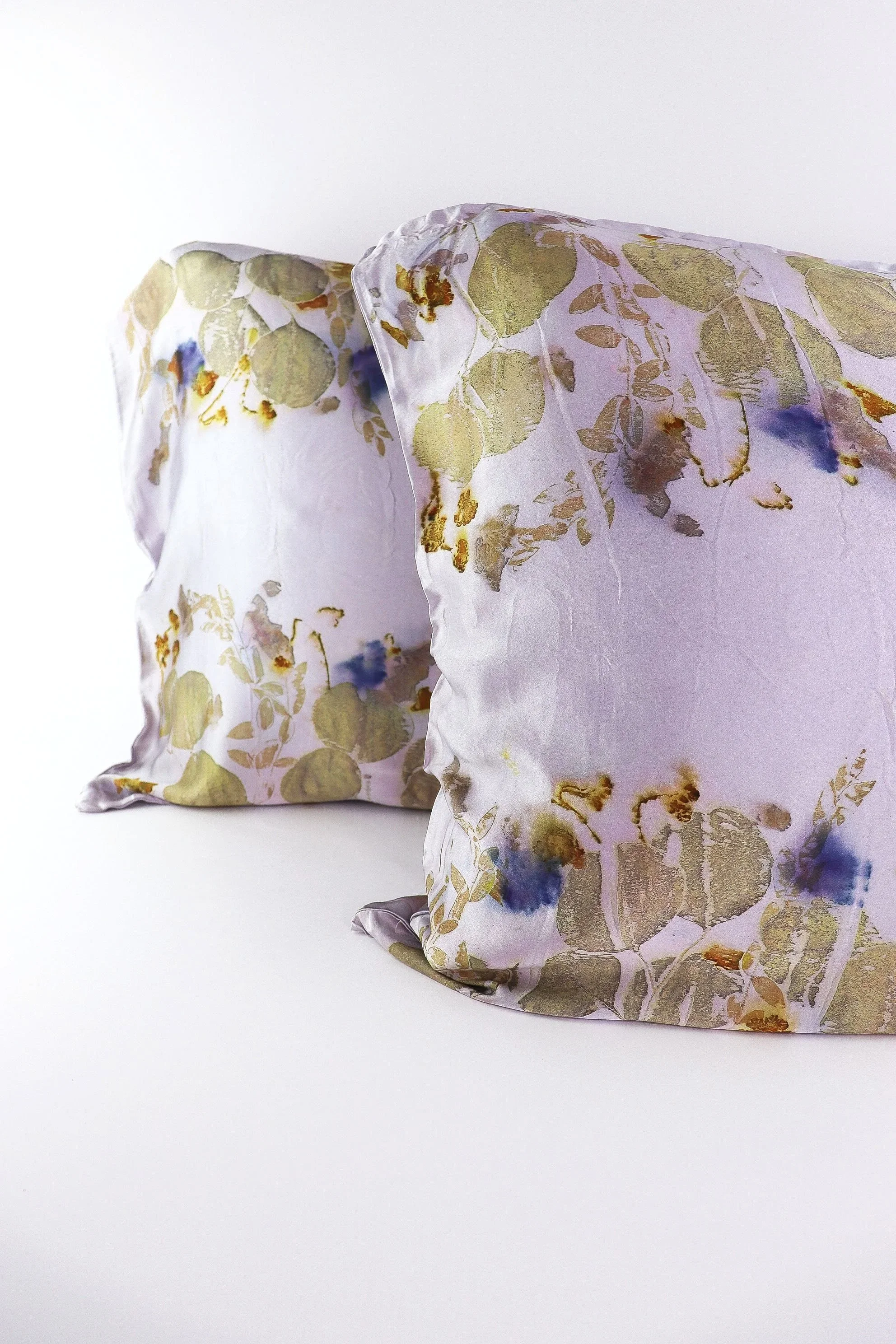 Botanically Dyed Silk Pillowcase eco printed with flowers. Mulberry silk pillowcase set of 2.