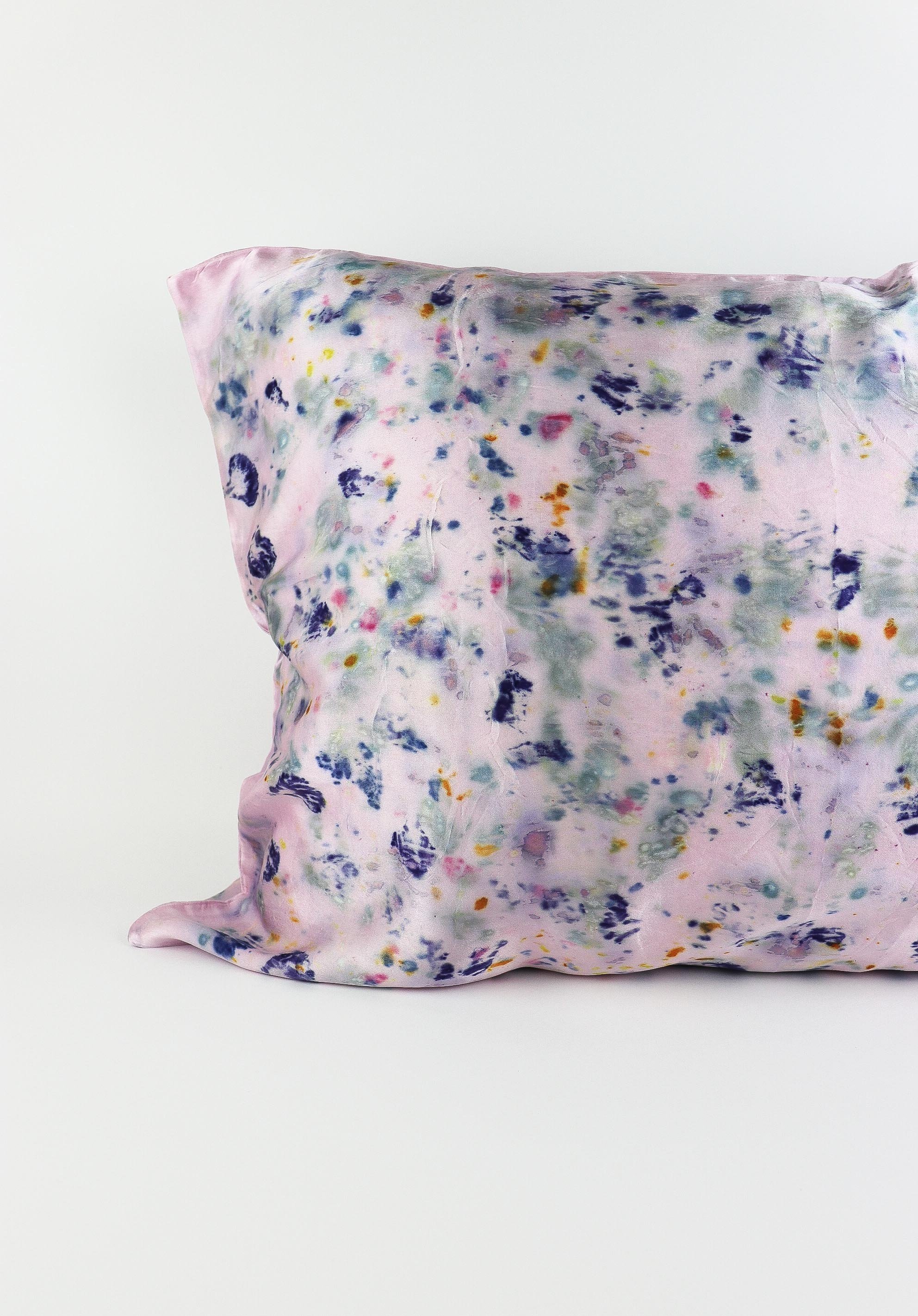 Botanically Dyed Silk Pillowcase eco printed with flowers. Plant dyes silk. AJNA California naturally dyed textiles in San Jose, California. Silk Pillowcase near me