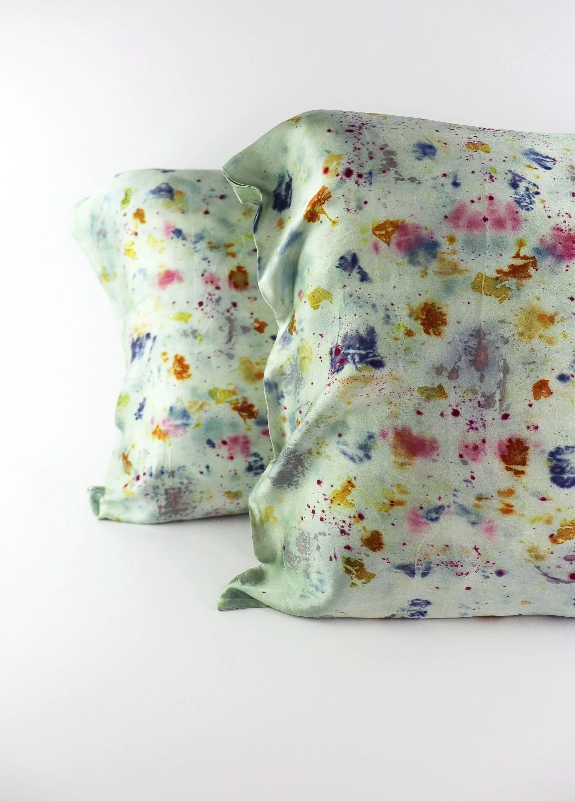 Botanically Dyed Silk Pillowcase eco printed with flowers. Mulberry silk pillowcase set of 2.