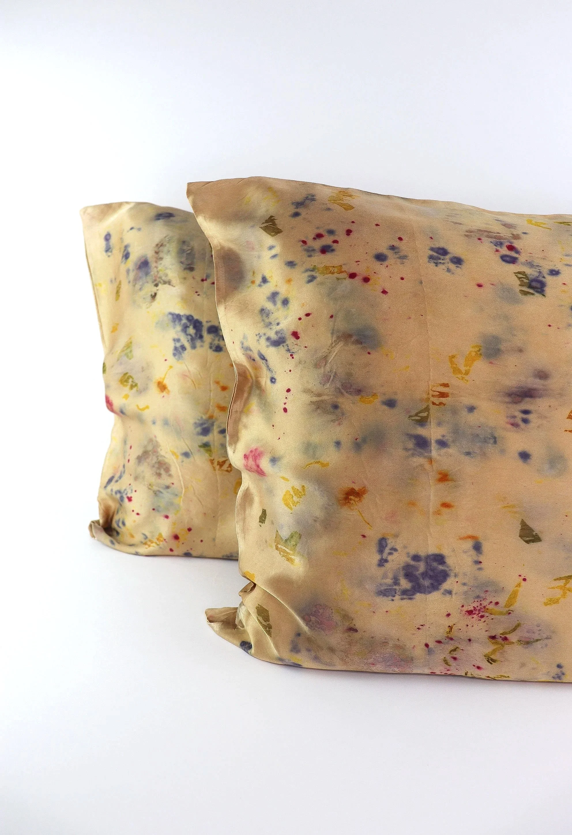 Botanically Dyed Silk Pillowcase eco printed with flowers. Mulberry silk pillowcase set of 2.
