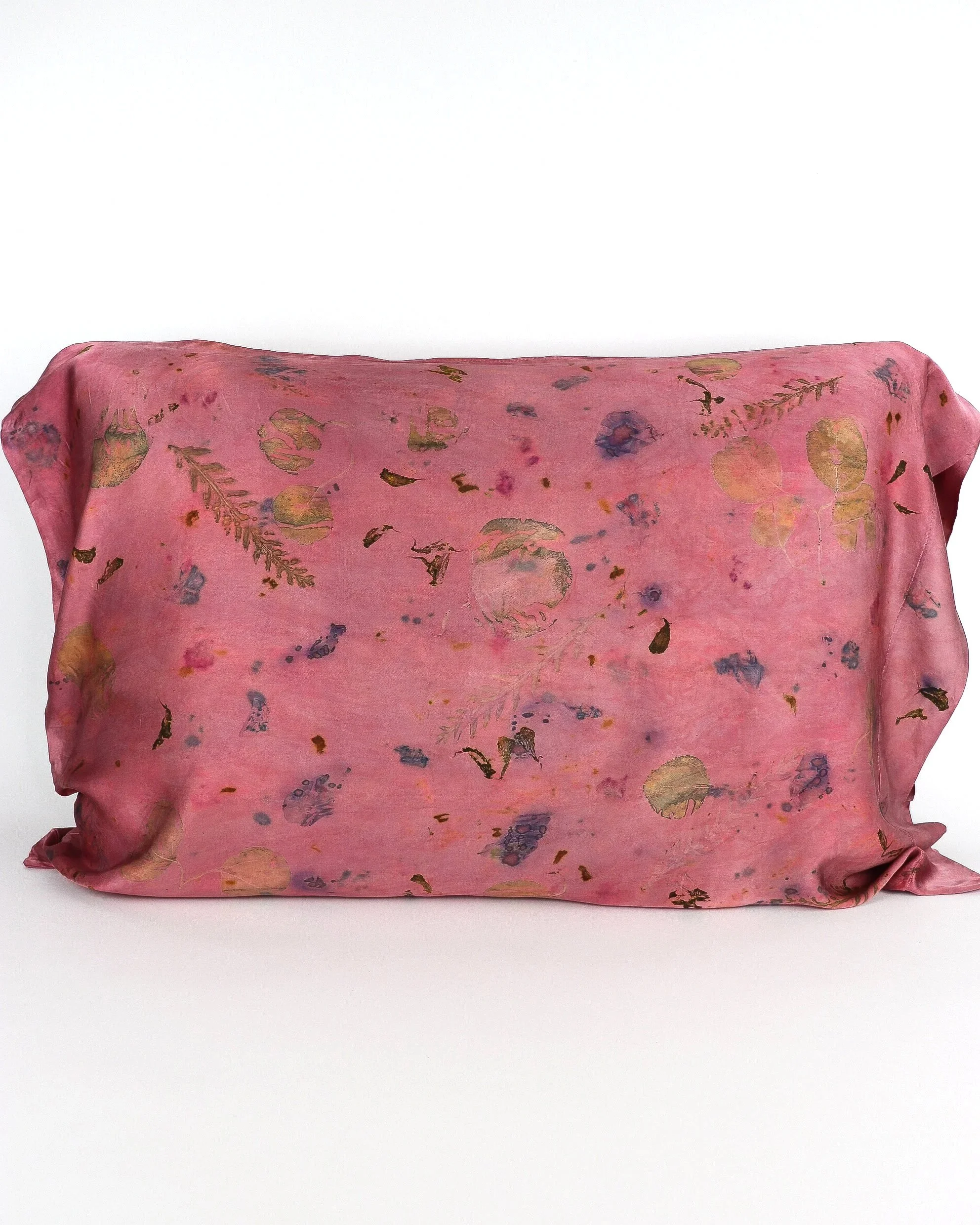 Botanically Dyed Silk Pillowcase eco printed with flowers. Silk Charmeuse pillowcase set of 2.