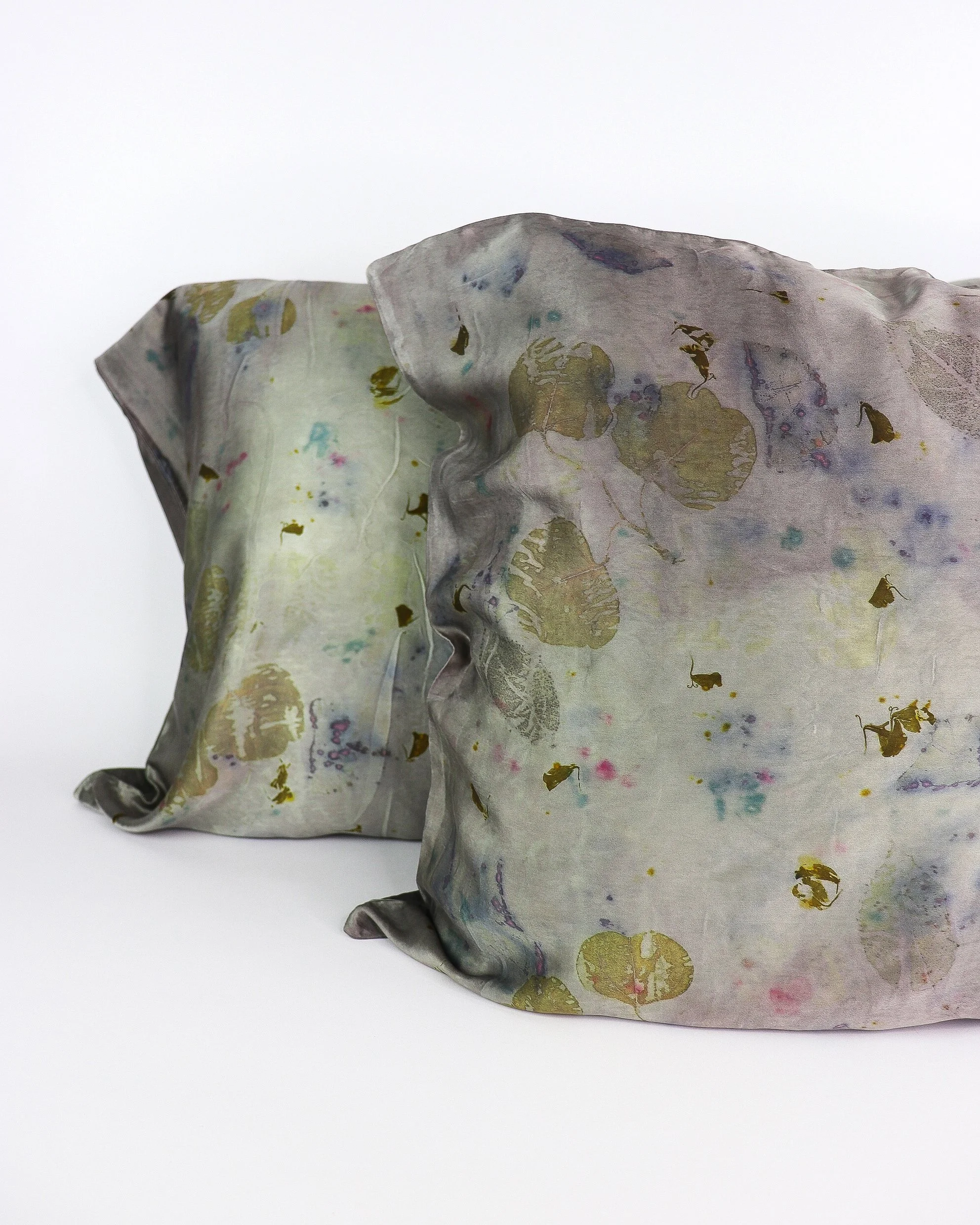 Botanically Dyed Silk Pillowcase eco printed with flowers. Silk Charmeuse pillowcase set of 2.