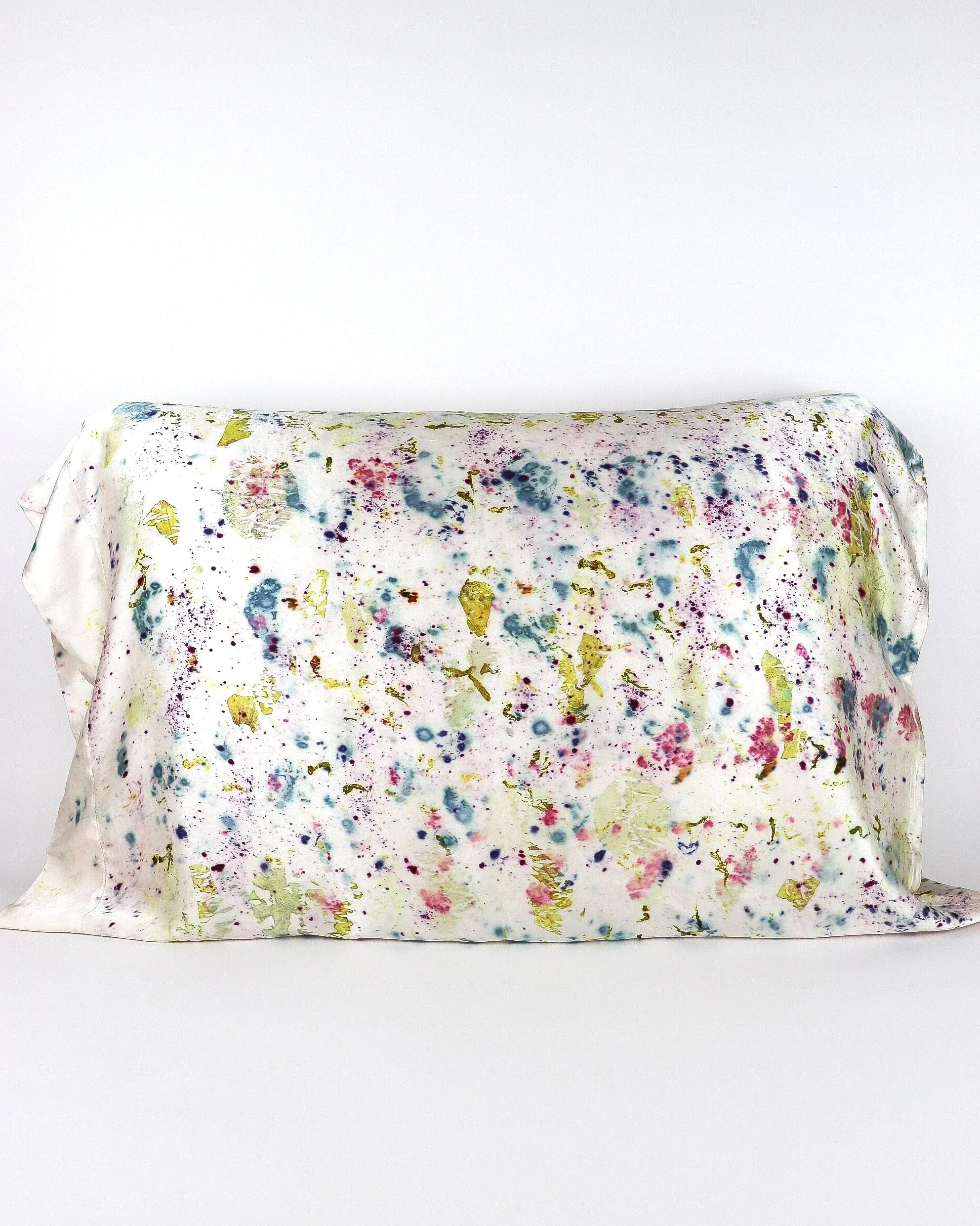 Botanically Dyed Silk Pillowcase eco printed with flowers. 100% Silk Charmeuse. One of a kind silk pillowcase. Silk Pillowcase near me. Plant dyed silk pillowcase in San Francisco Bay Area.