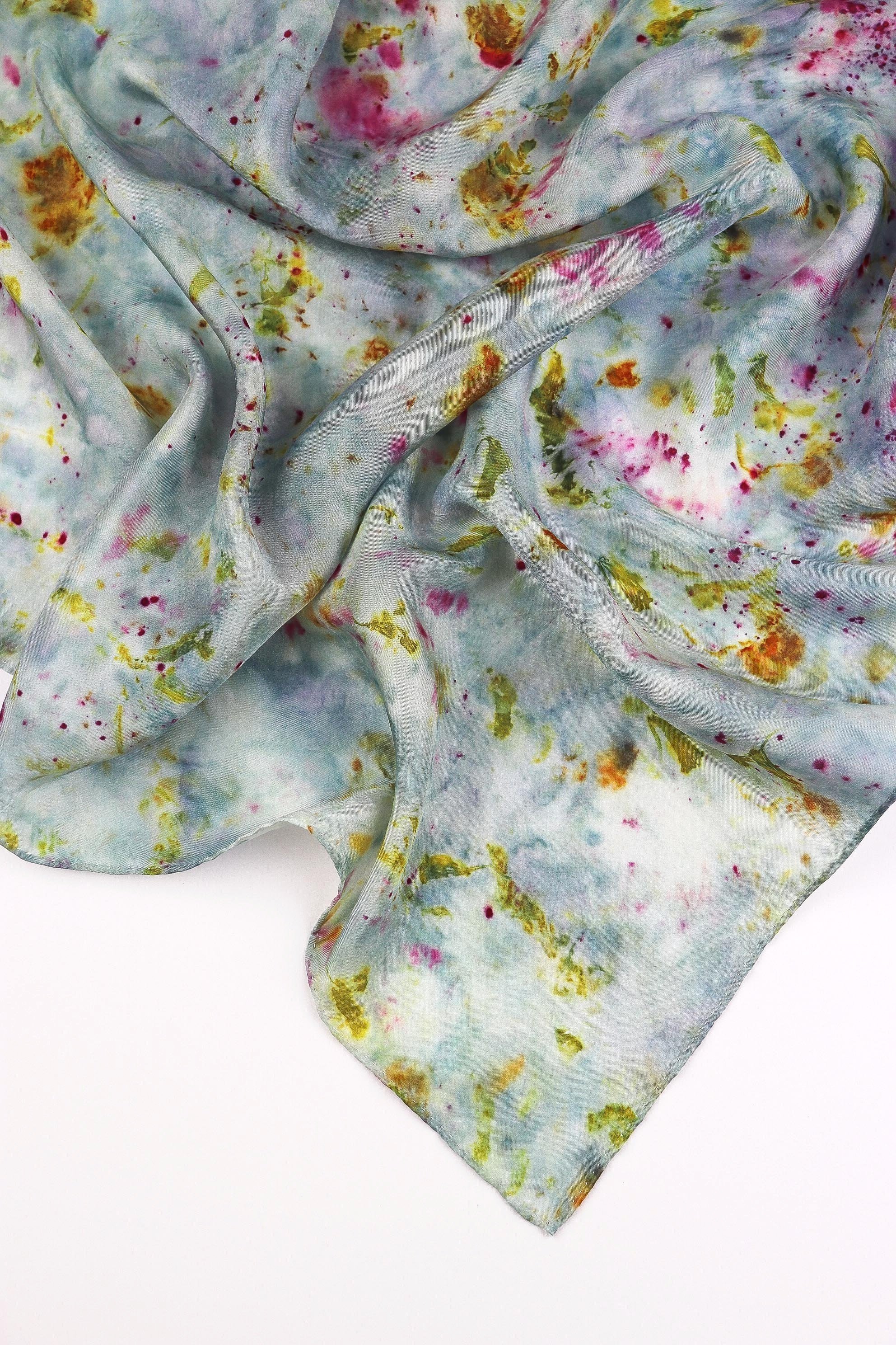One of a kind botanically Dyed Silk Scarf. Naturally dyed scarf with fresh flowers. AJNA Silk Scarf.Botanically dyed Silk bandana in San Francisco Bay Area California. Plant dyed silk scarf near me.