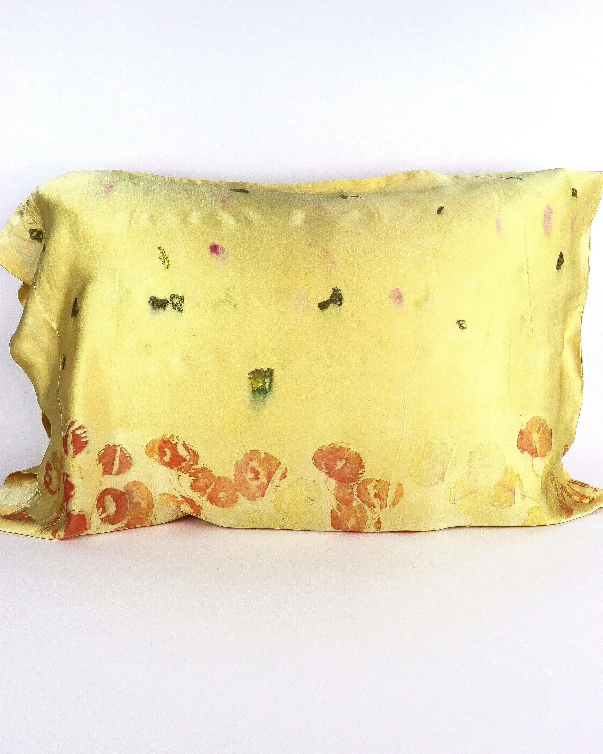Botanically Dyed Silk Pillowcase eco printed with flowers. Silk Charmeuse pillowcase set of 2.