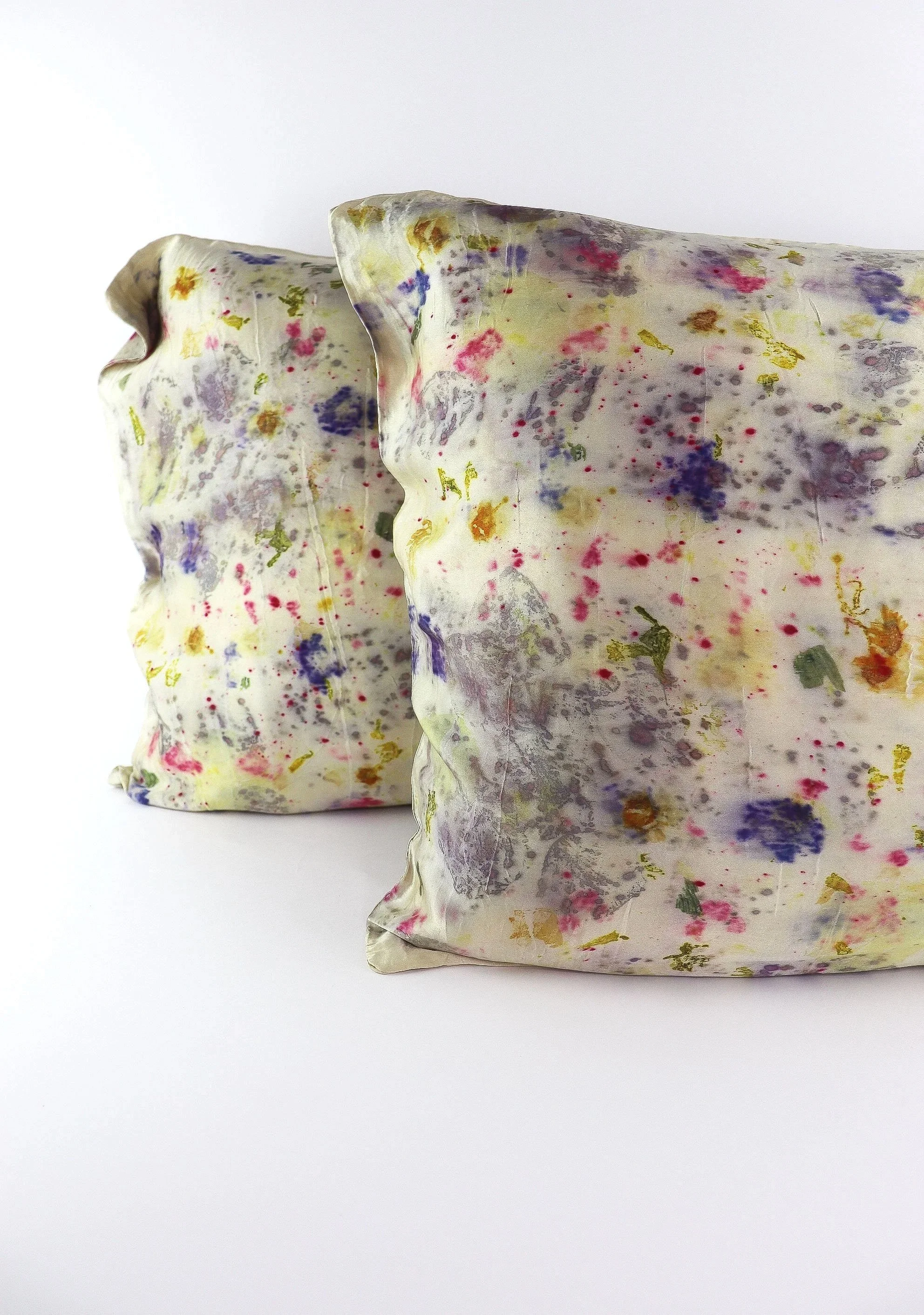 Botanically Dyed Silk Pillowcase eco printed with flowers. Mulberry silk pillowcase set of 2.