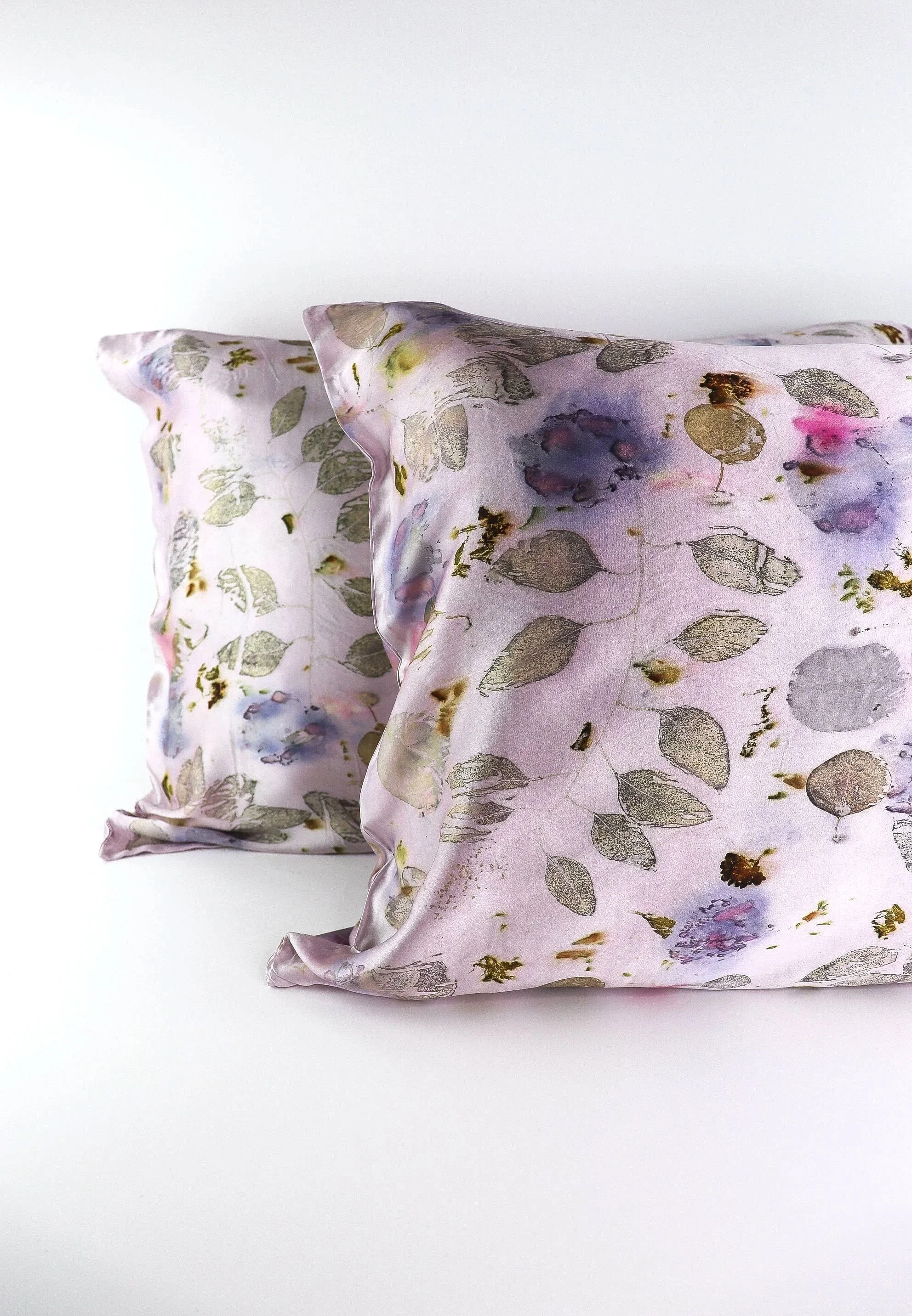 Botanically Dyed Silk Pillowcase eco printed with flowers. Mulberry silk pillowcase set of 2.