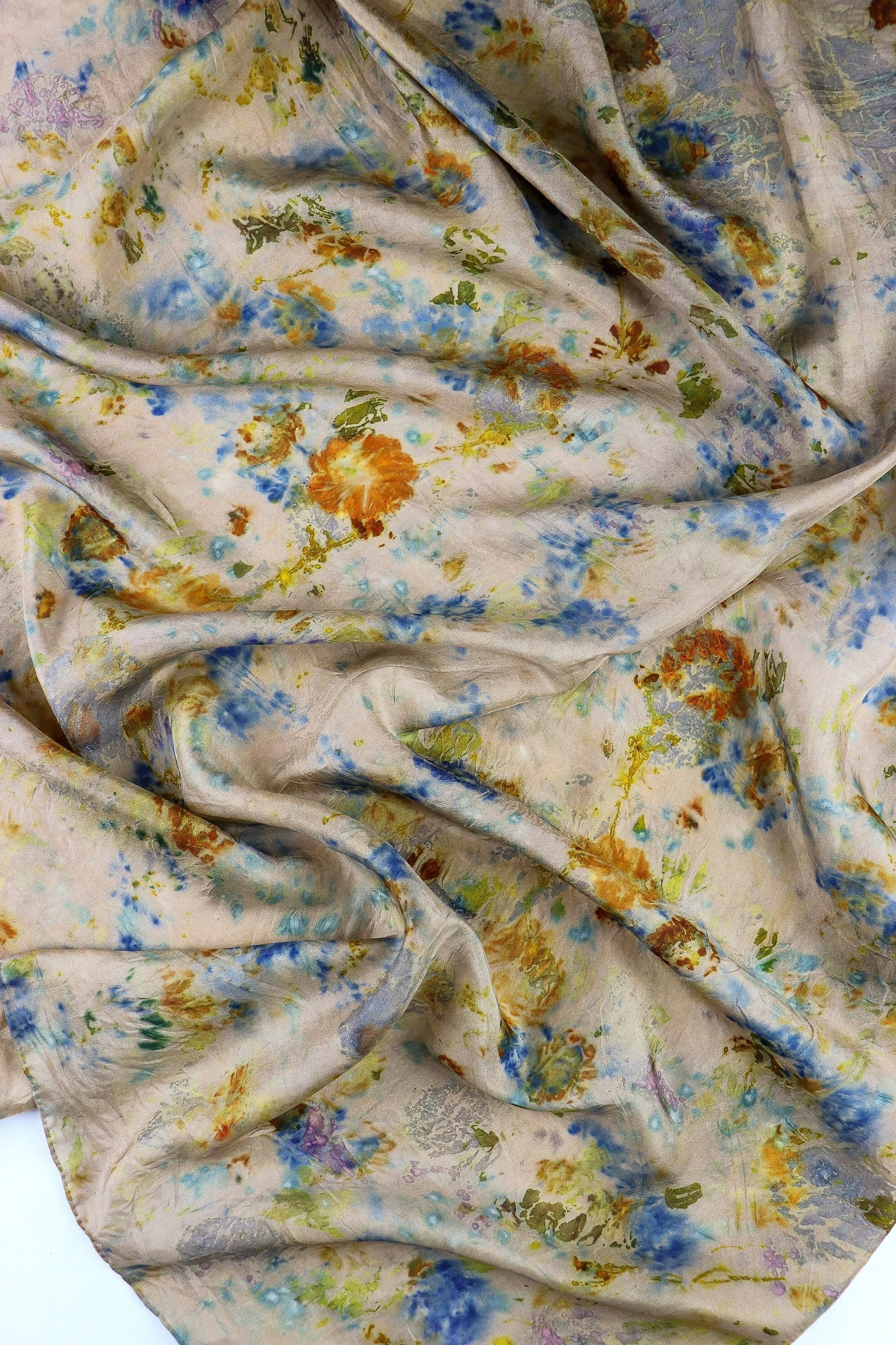 One of a kind botanically Dyed Silk Scarf and bandana 36”X 36”. Naturally dyed with fresh flowers. AJNA Silk Scarf.Botanically dyed Silk bandana in San Francisco Bay Area California