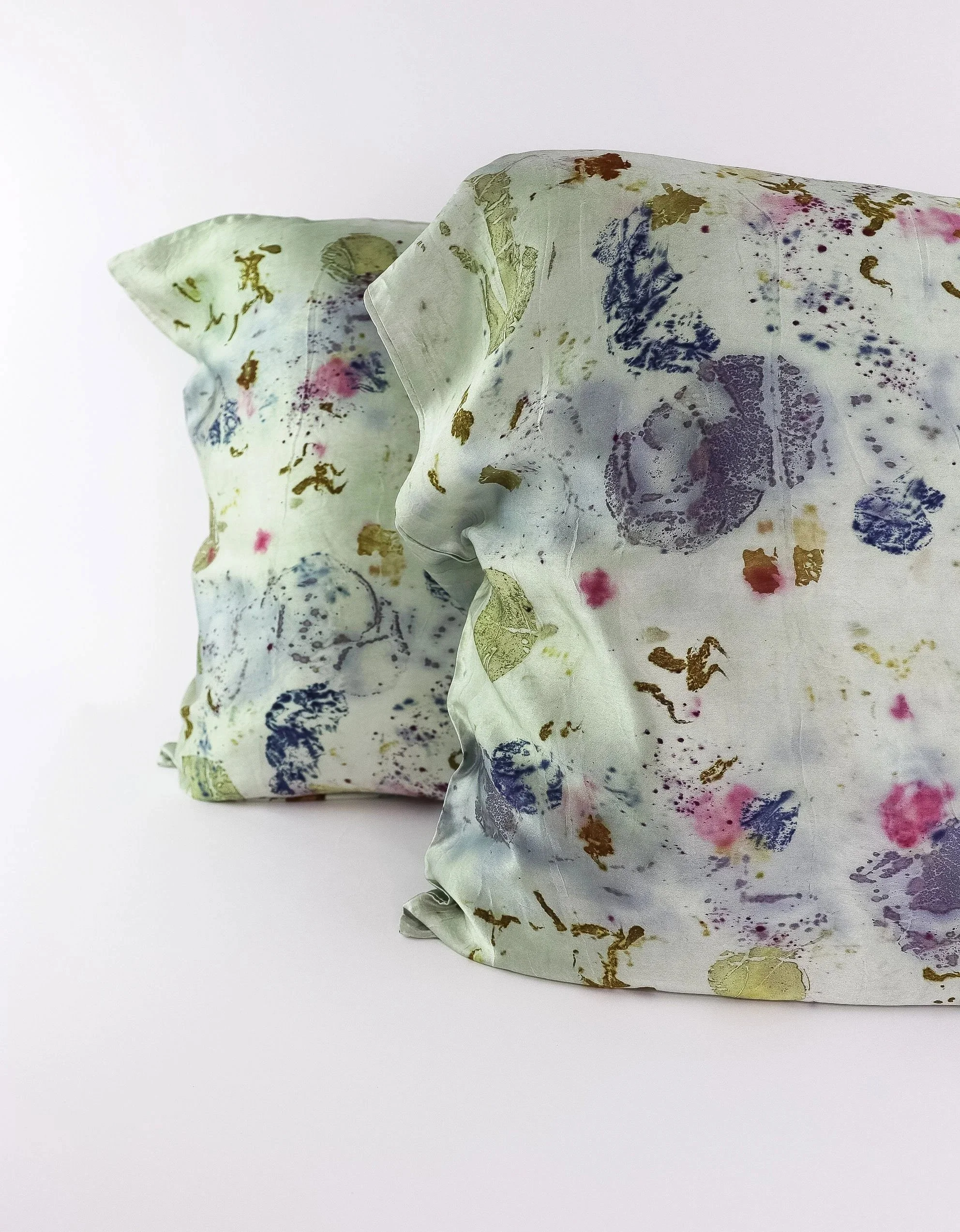 Botanically Dyed Silk Pillowcase eco printed with flowers. Mulberry silk pillowcase set of 2.
