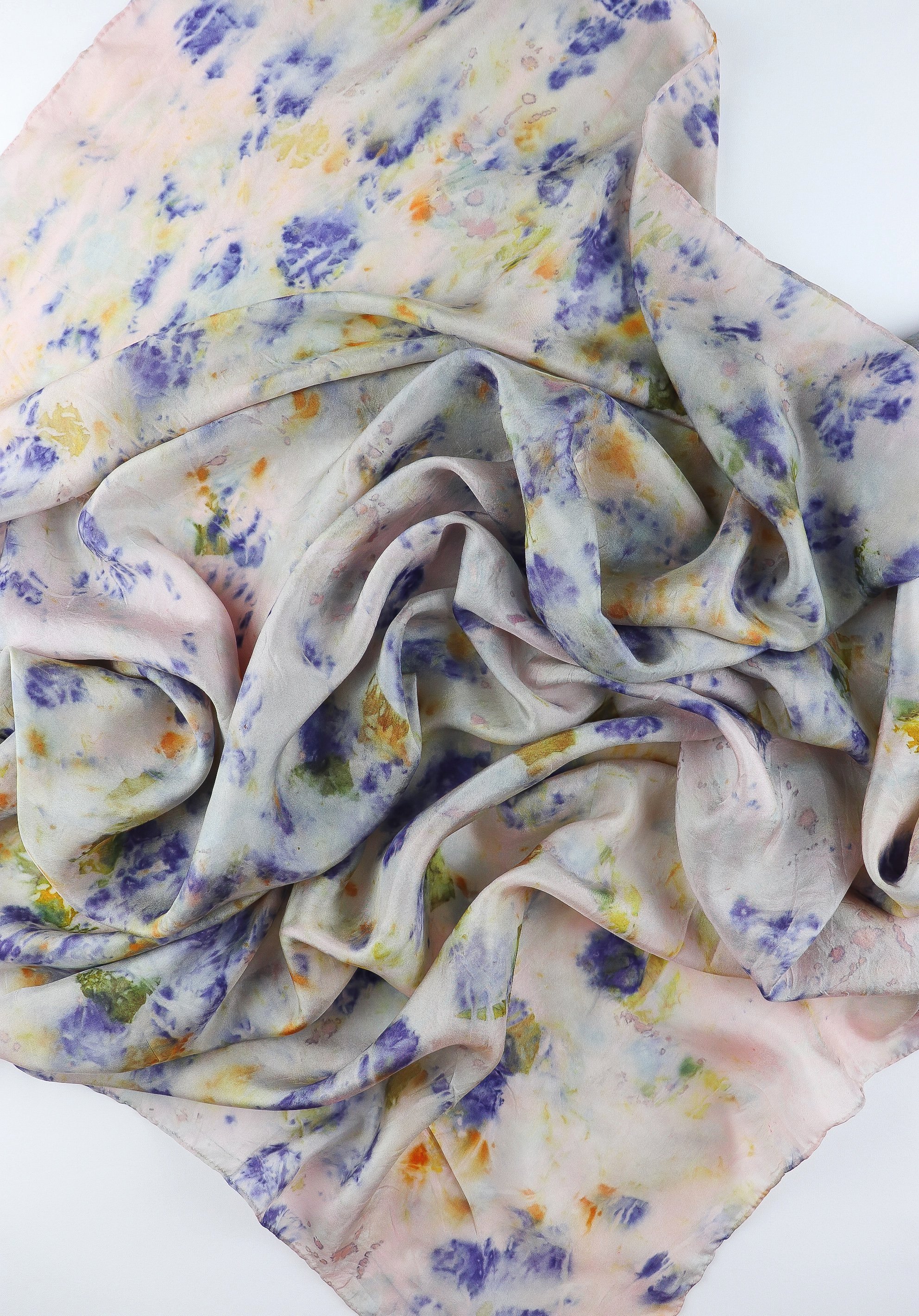 One of a kind botanically Dyed Silk Scarf and bandana. Naturally dyeing on fabric. AJNA Silk Scarf. Botanically dyed Silk bandana in San Francisco Bay Area California. Flower Dyeing.