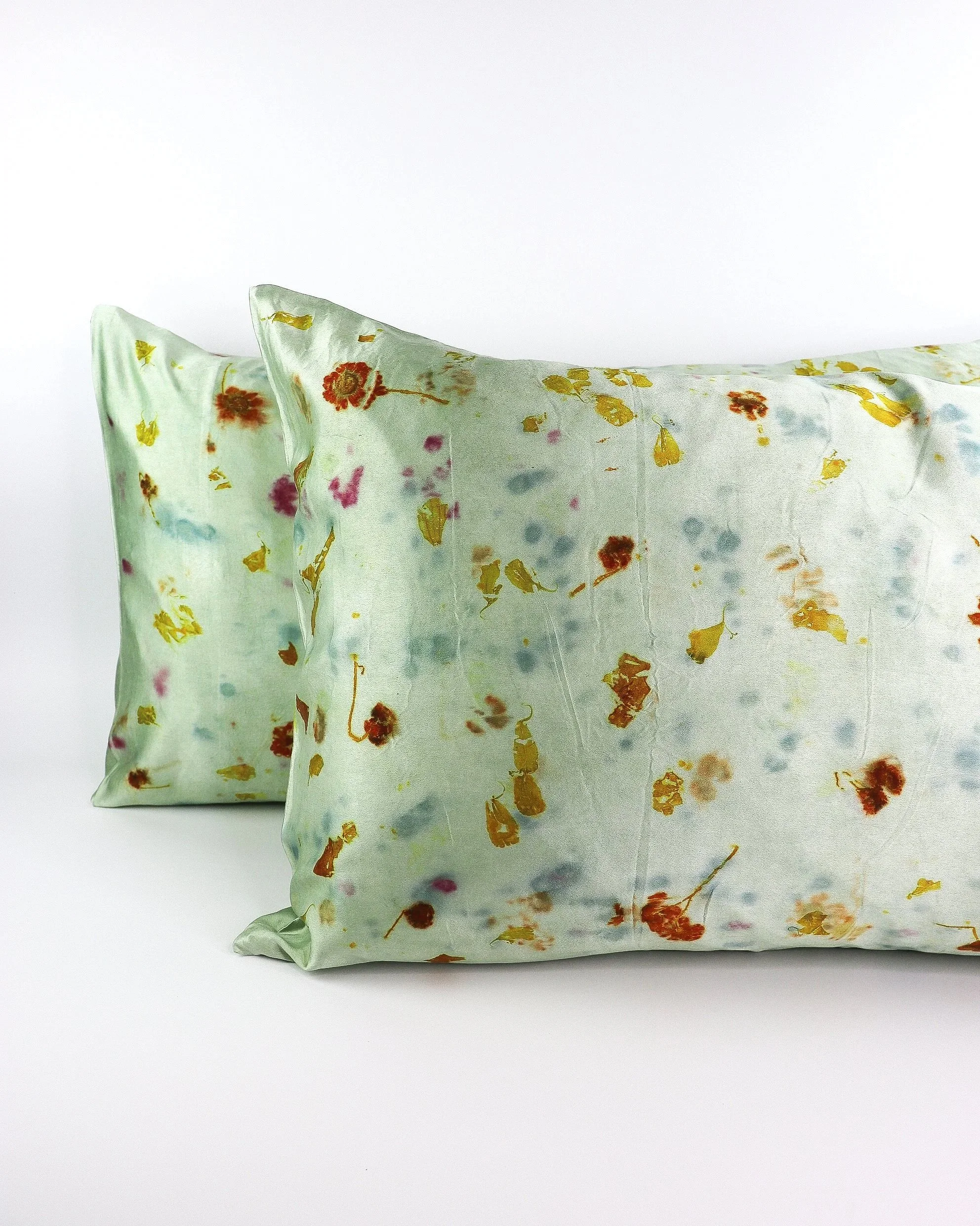 Botanically Dyed Mulberry Silk Pillowcase eco printed with flowers. Silk Charmeuse pillowcase set of 2 King size