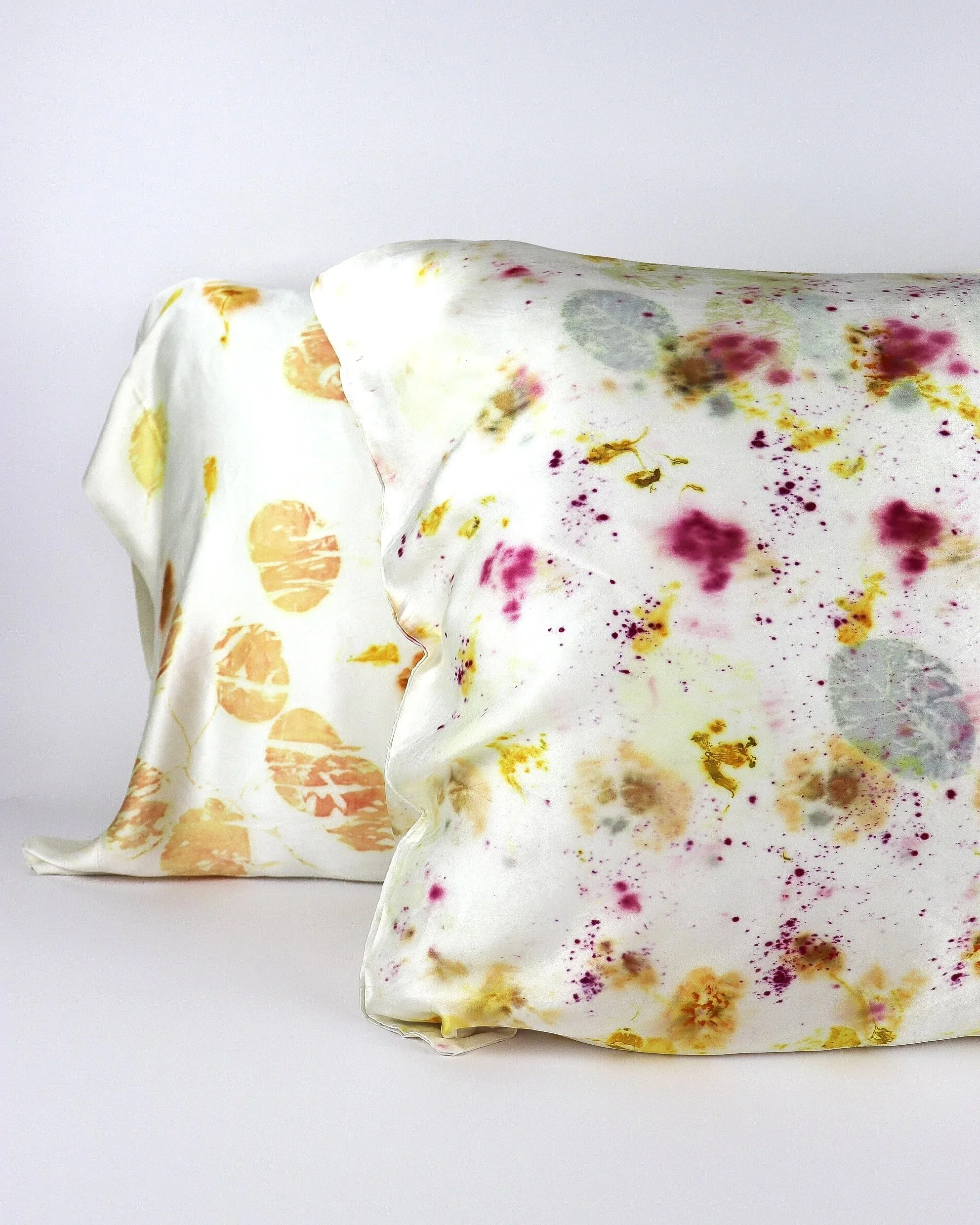 Botanically Dyed Silk Pillowcase eco printed with flowers. Plant dyed silk. AJNA California naturally dyed textiles in San Jose, California. Silk Pillowcase near me.