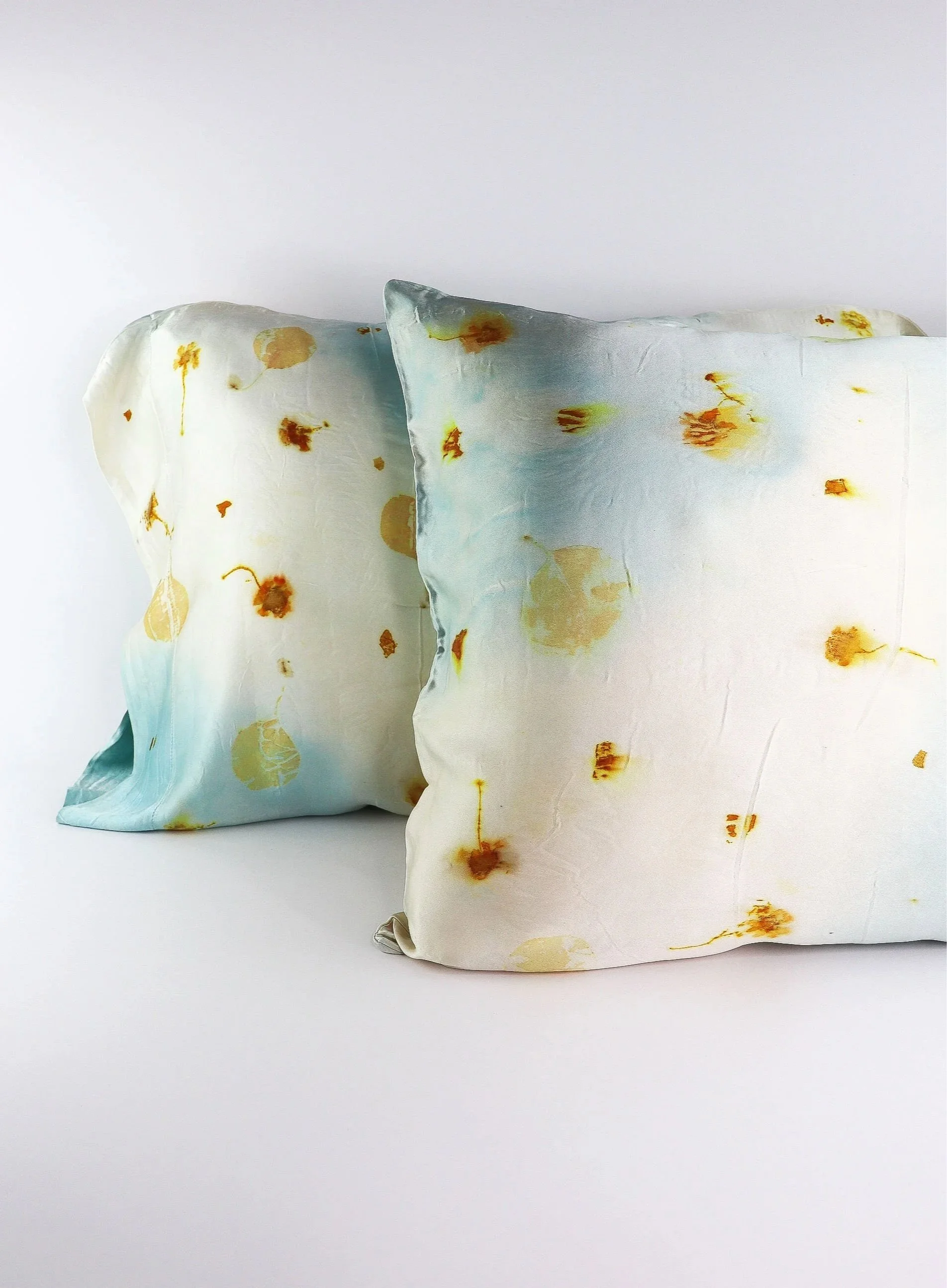 Botanically Dyed Silk Pillowcase eco printed with flowers. Mulberry silk pillowcase set of 2.