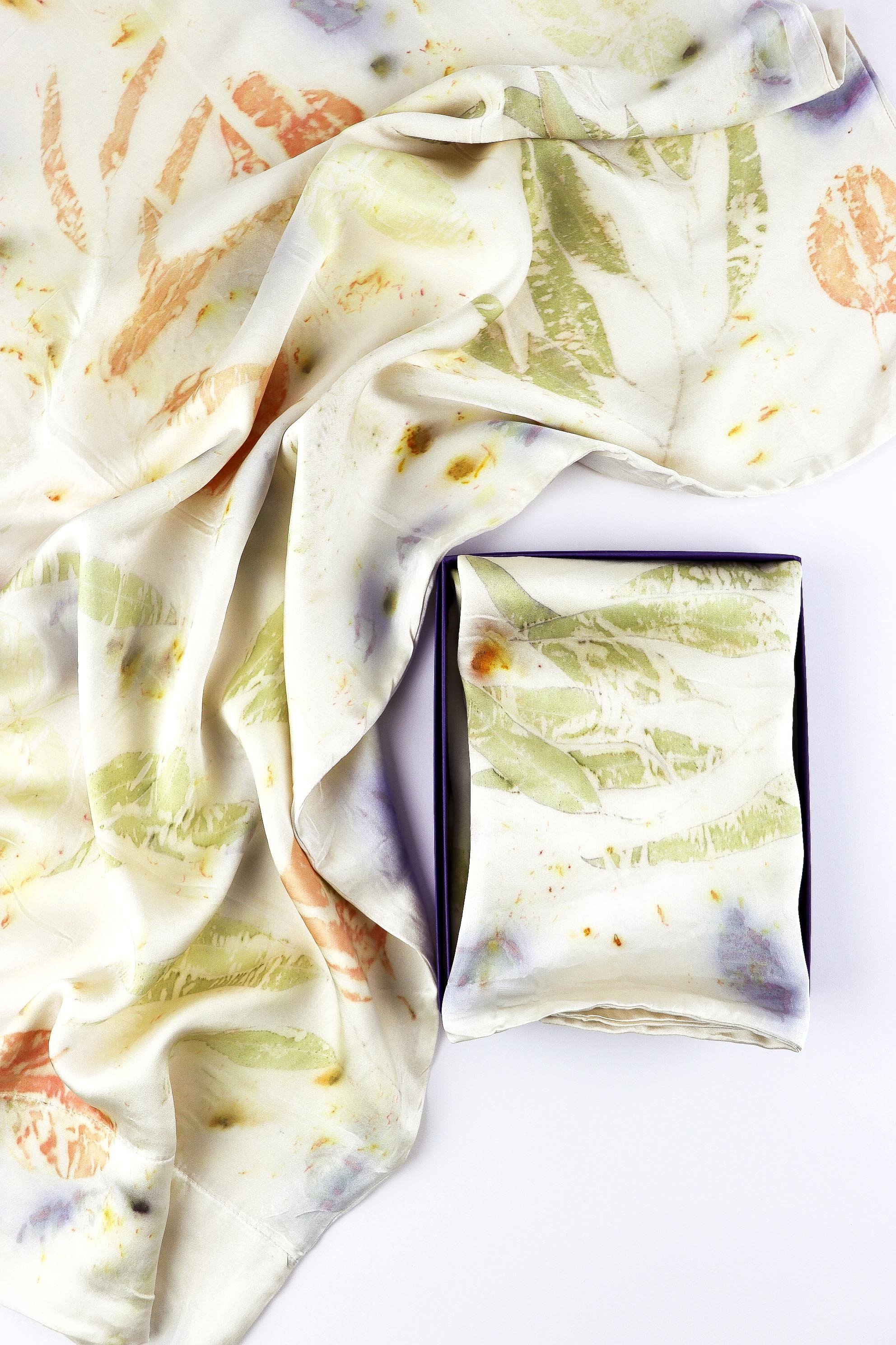 Botanically Dyed Silk Pillowcase eco printed with flowers. Plant dyes silk. AJNA California naturally dyed textiles in San Jose, California. Silk Pillowcase near me.