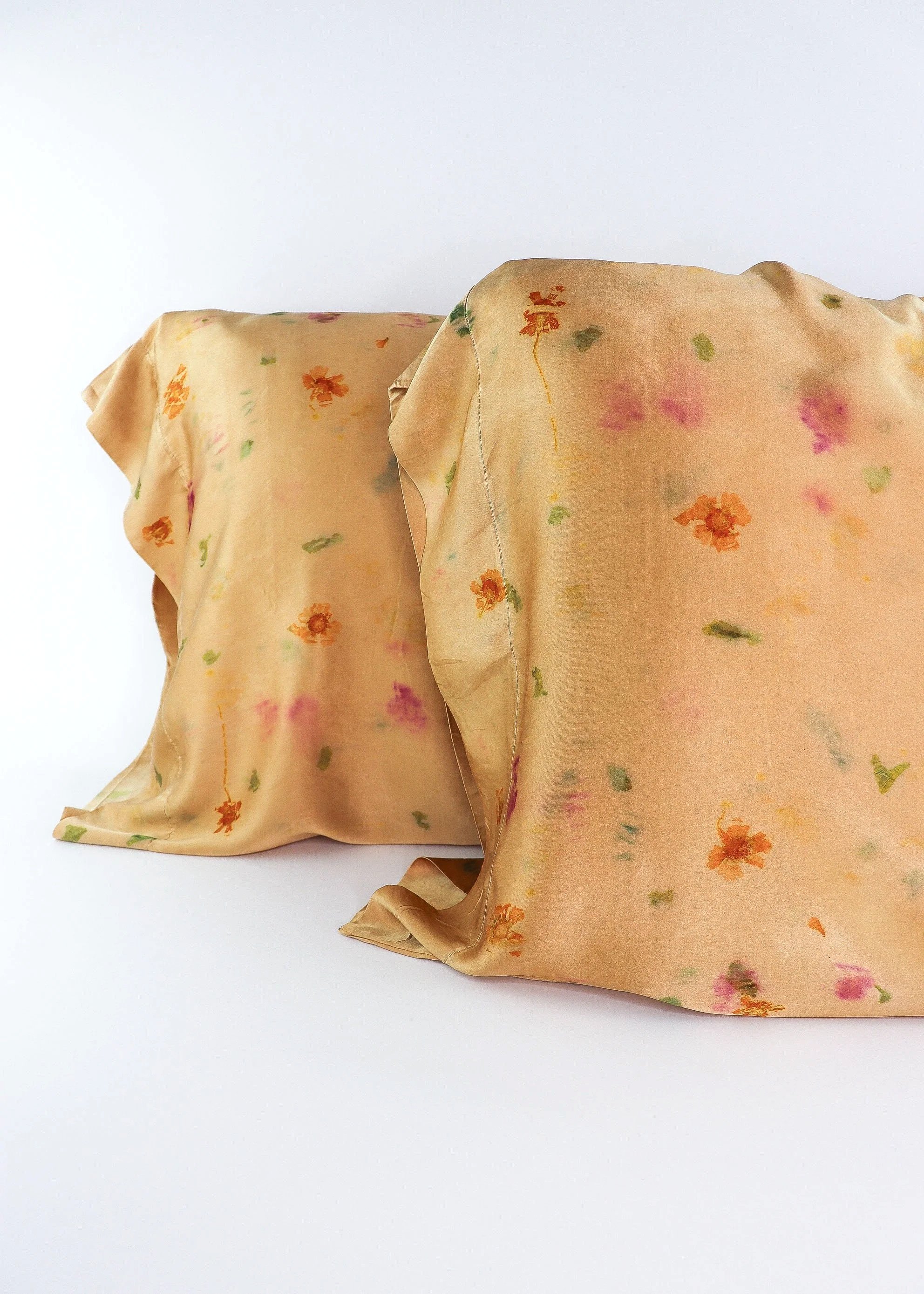 Botanically Dyed Silk Pillowcase eco printed with flowers. Mulberry silk pillowcase set of 2.