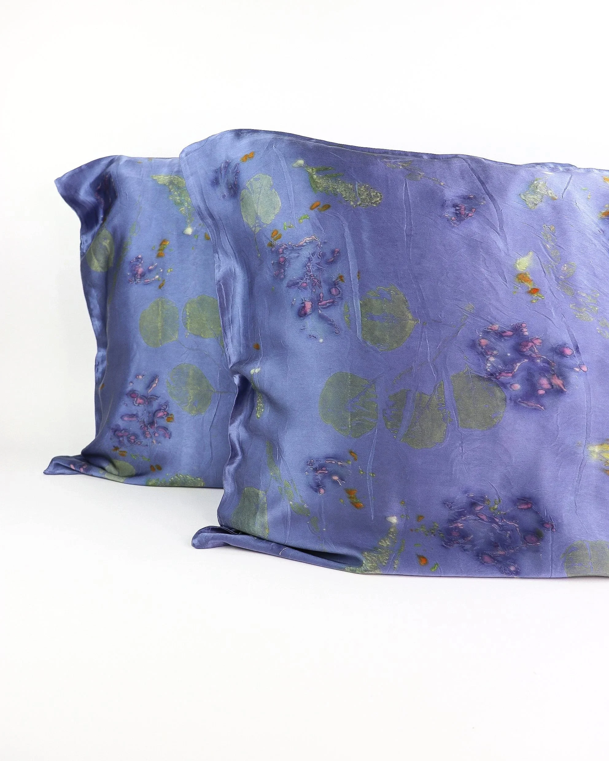 Botanically Dyed Silk Pillowcase eco printed with flowers. Mulberry silk Charmeuse pillowcase set of 2.