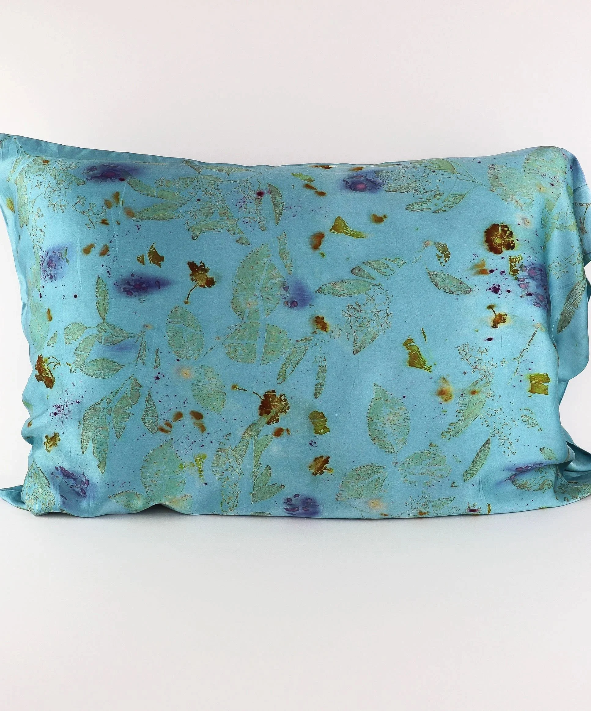Botanically Dyed Silk Pillowcase eco printed with flowers. Mulberry silk pillowcase set of 2.