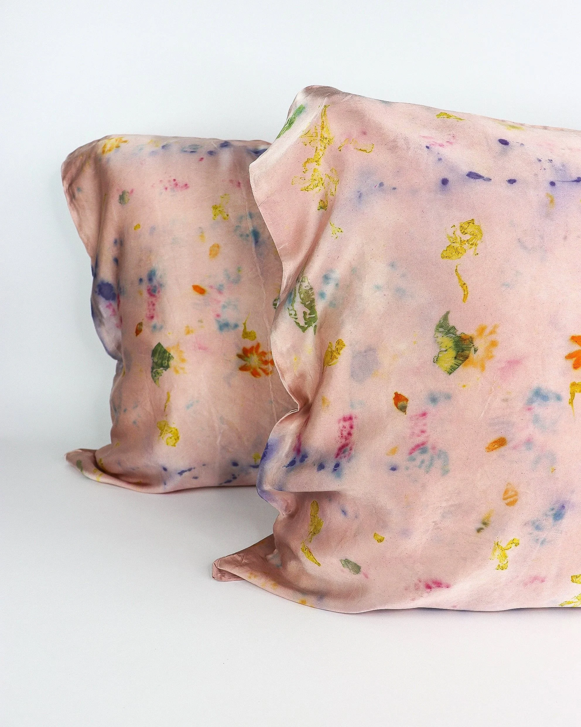 Botanically Dyed Silk Pillowcase eco printed with flowers. Silk Charmeuse pillowcase set of 2.
