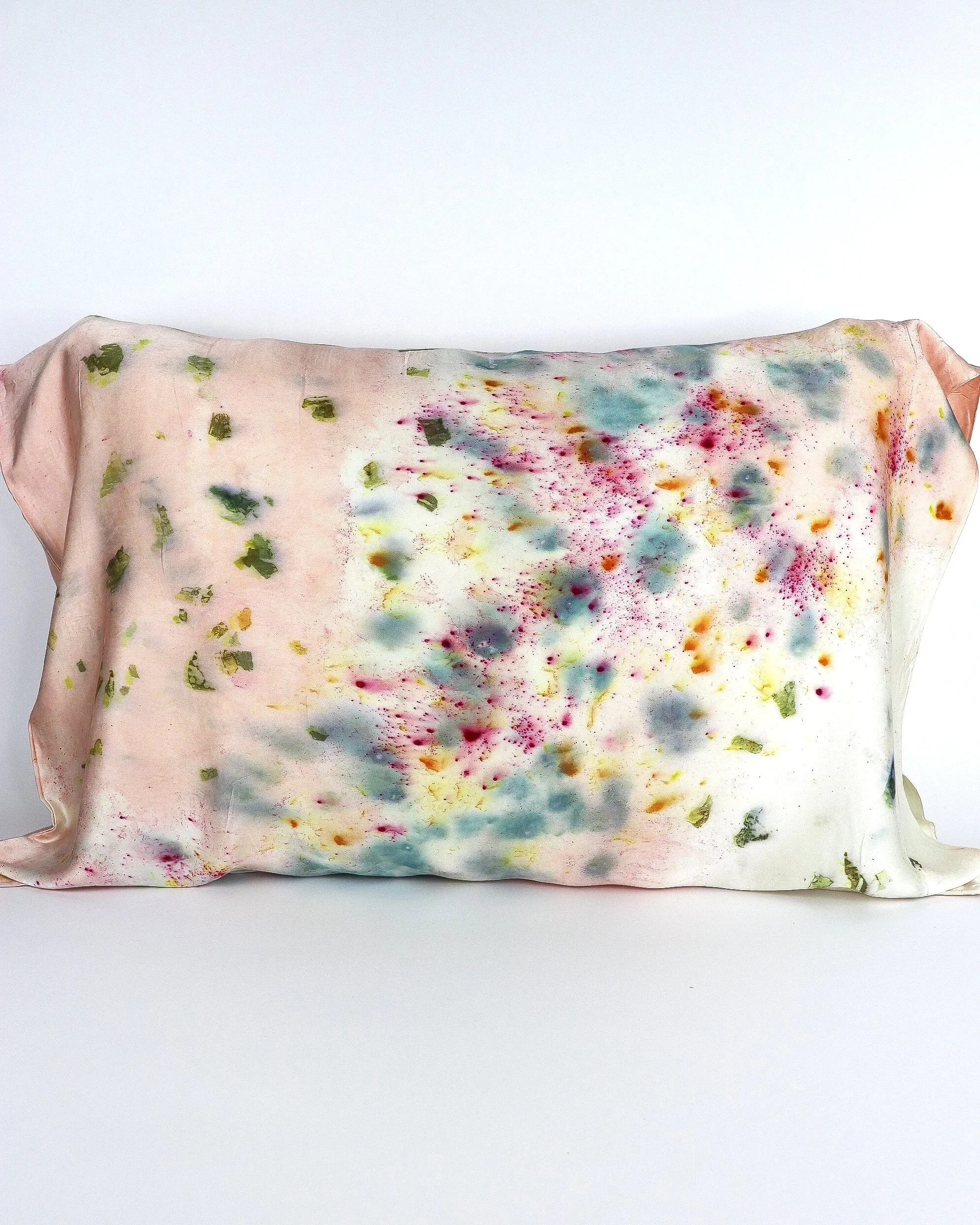 Botanically Dyed Silk Pillowcase eco printed with flowers. Silk Charmeuse pillowcase set of 2.