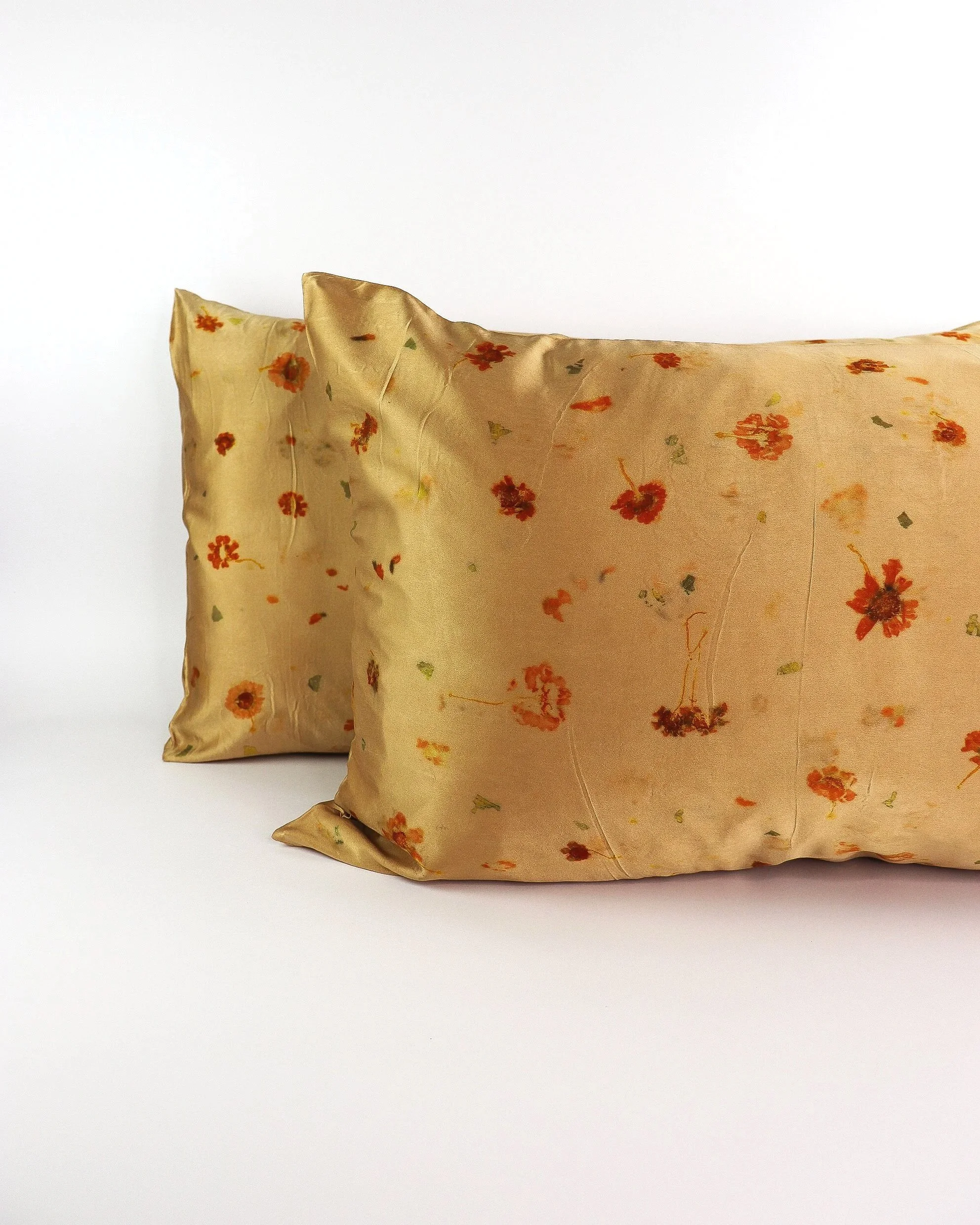 Botanically Dyed Mulberry Silk Pillowcase eco printed with flowers. Silk Charmeuse pillowcase set of 2 King size