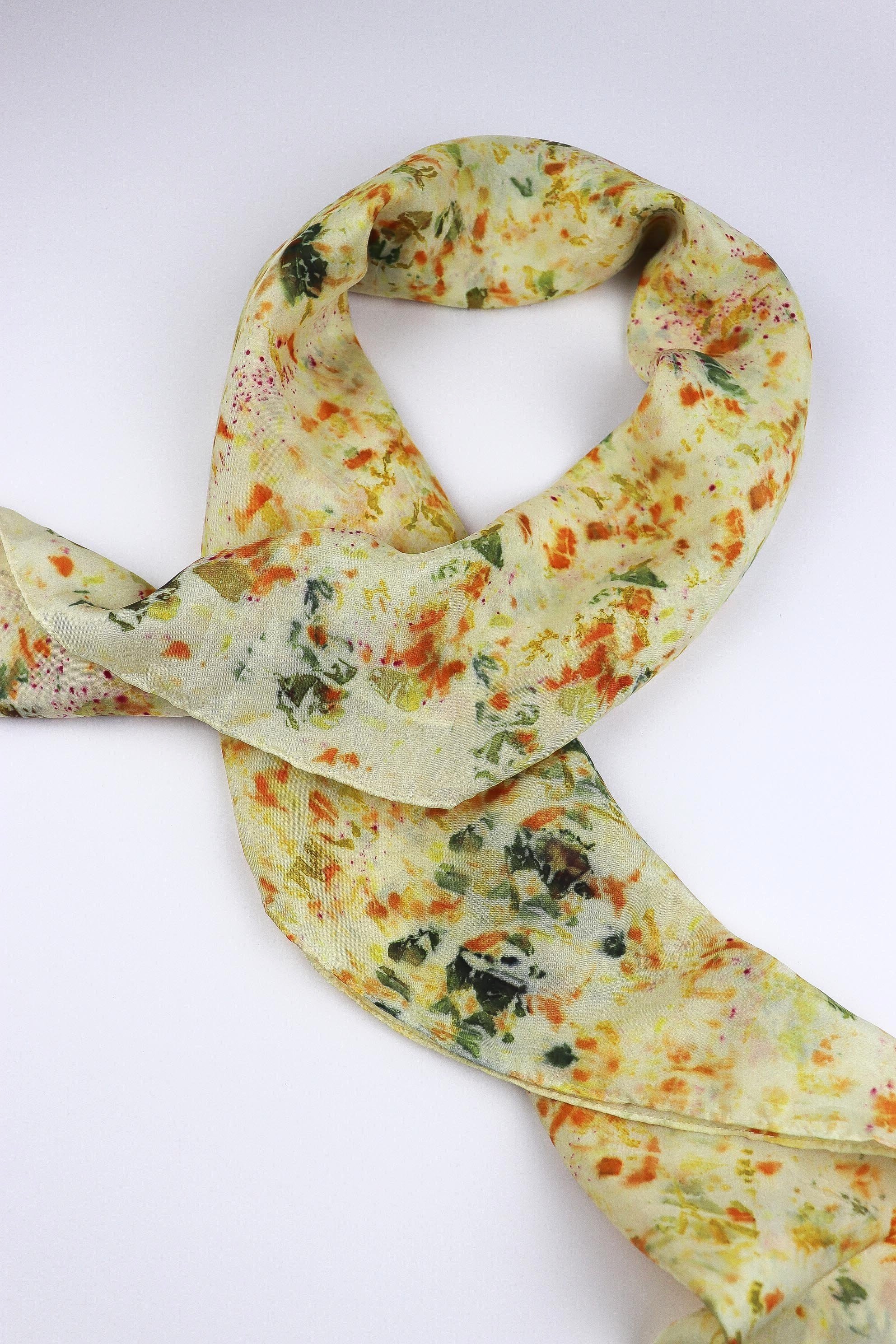 One of a kind botanically Dyed Silk Scarf. Naturally dyed scarf with fresh flowers. AJNA Silk Scarf.Botanically dyed Silk bandana in San Francisco Bay Area California. Plant dyed silk scarf near me.