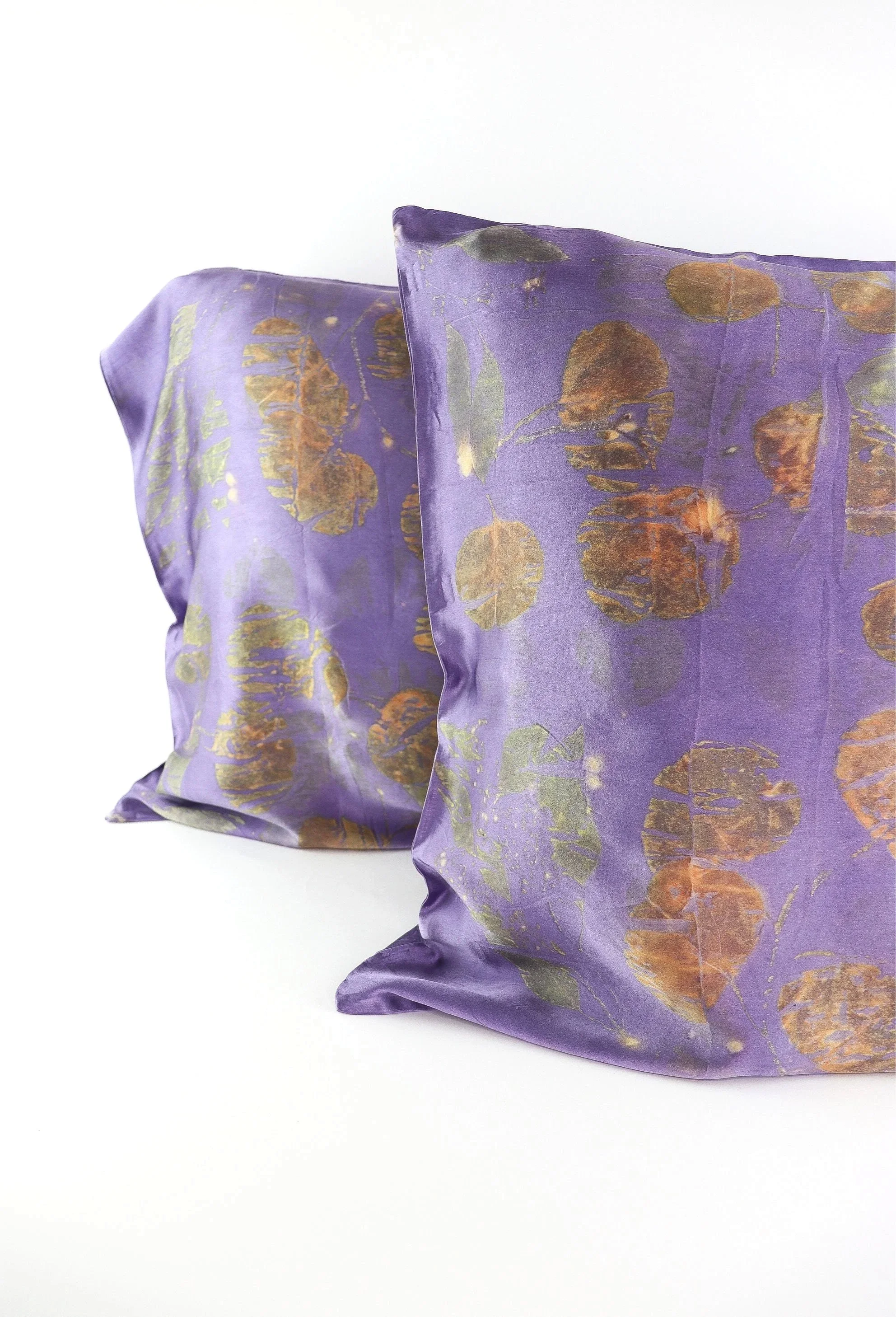 Botanically Dyed Silk Pillowcase eco printed with flowers. Mulberry silk pillowcase set of 2.